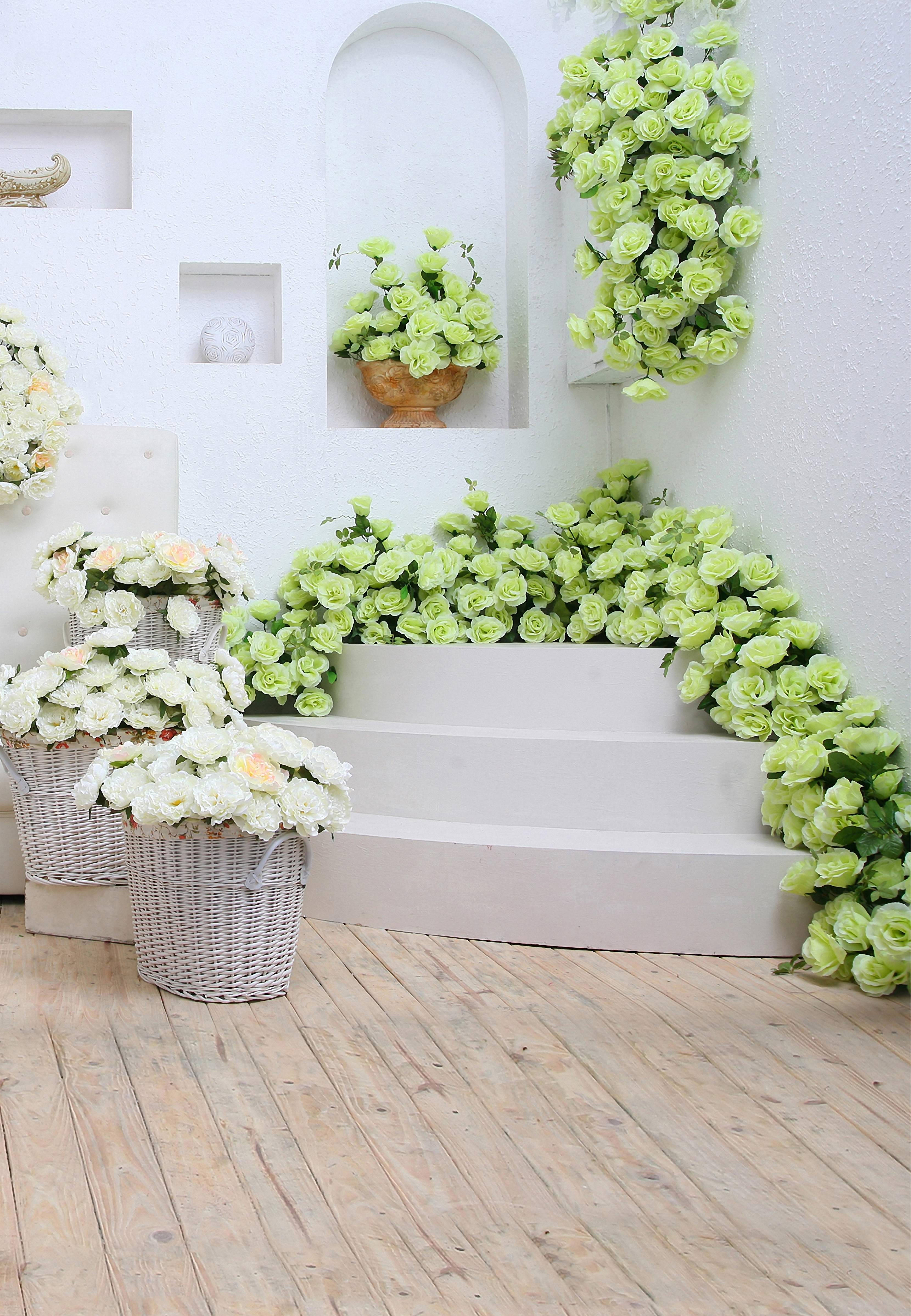 white walls, wooden floor, lush green and white roses, 4K Phone Wallpaper