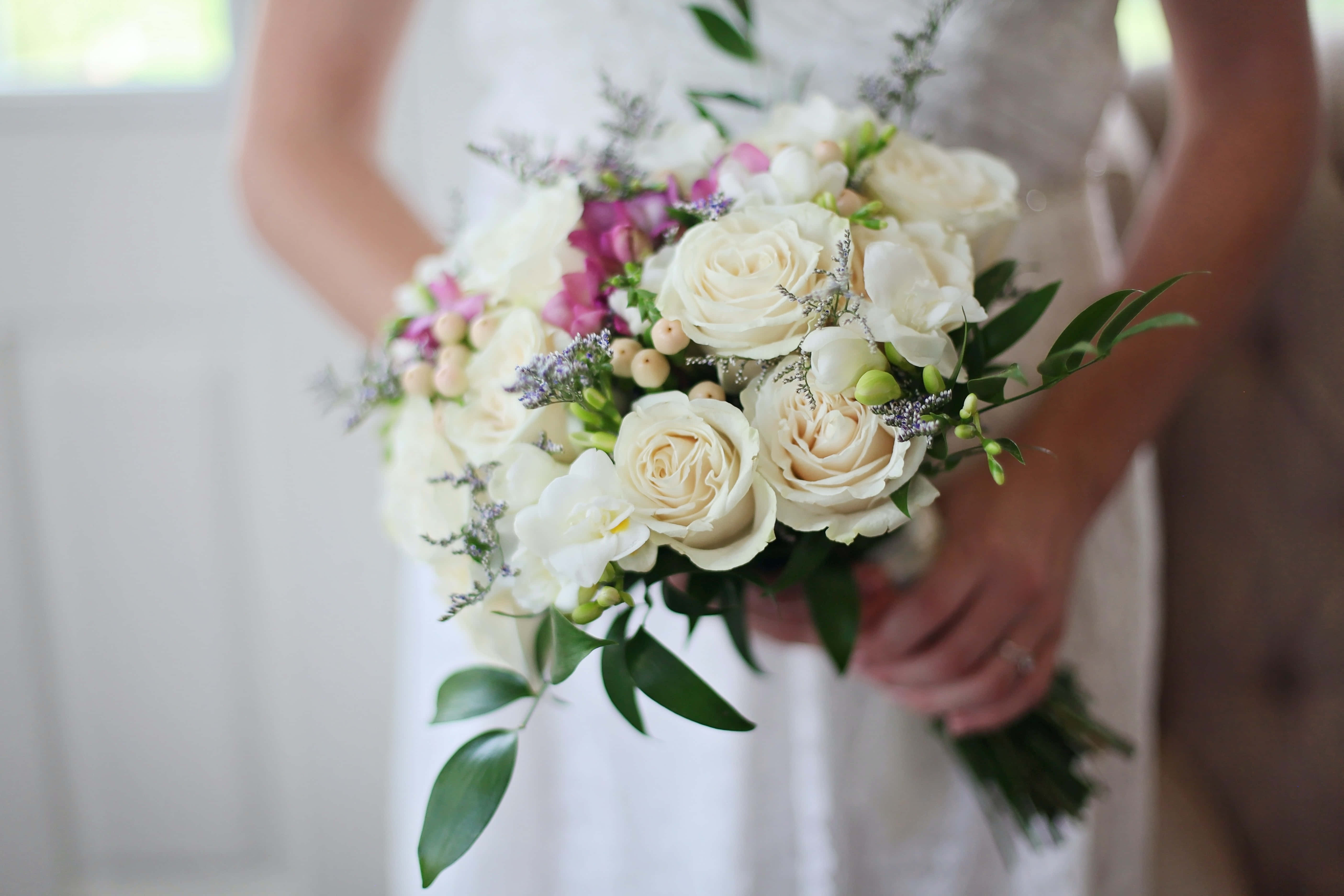wedding bouquet, cream roses, purple flowers, 5K Desktop Wallpaper