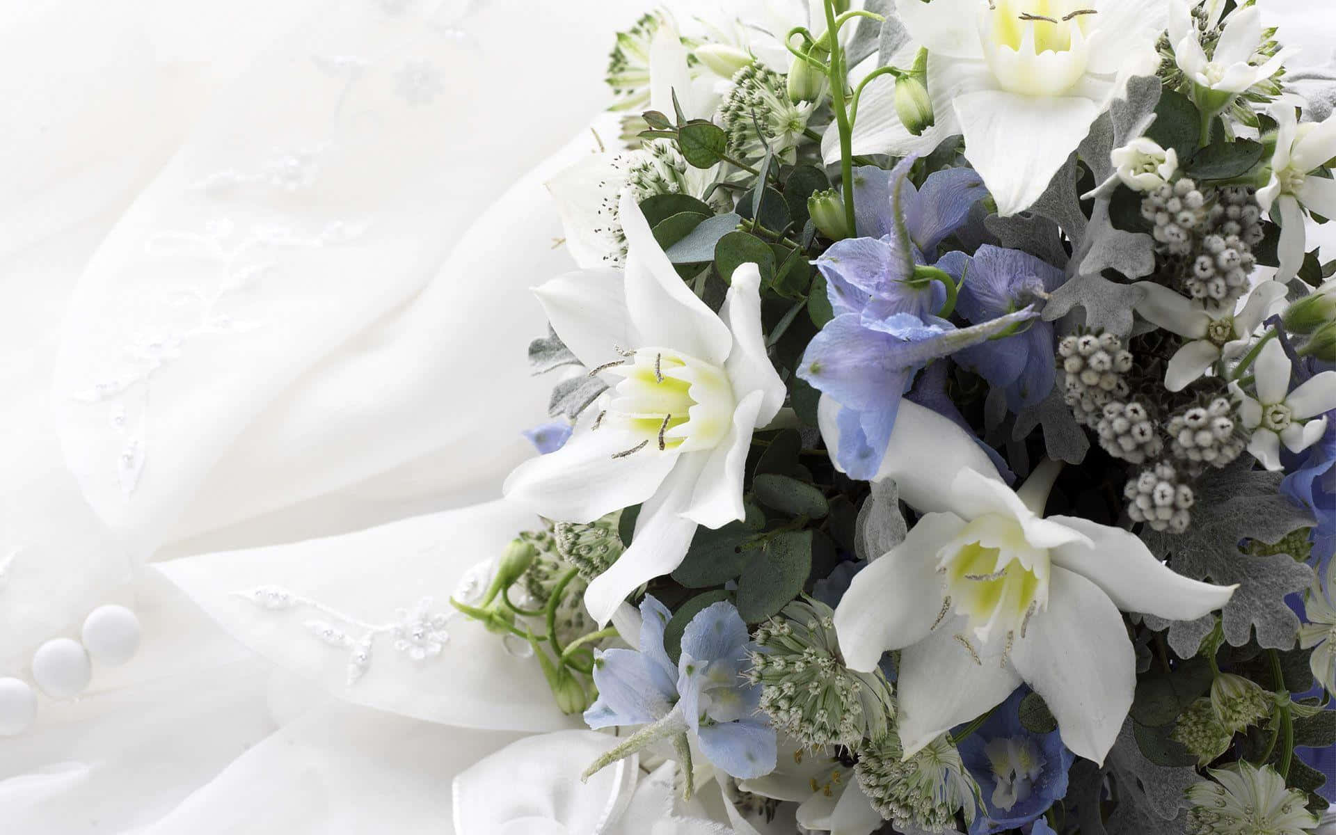 white and blue flowers, textured white wedding gown, pearl buttons, Full HD Desktop Wallpaper