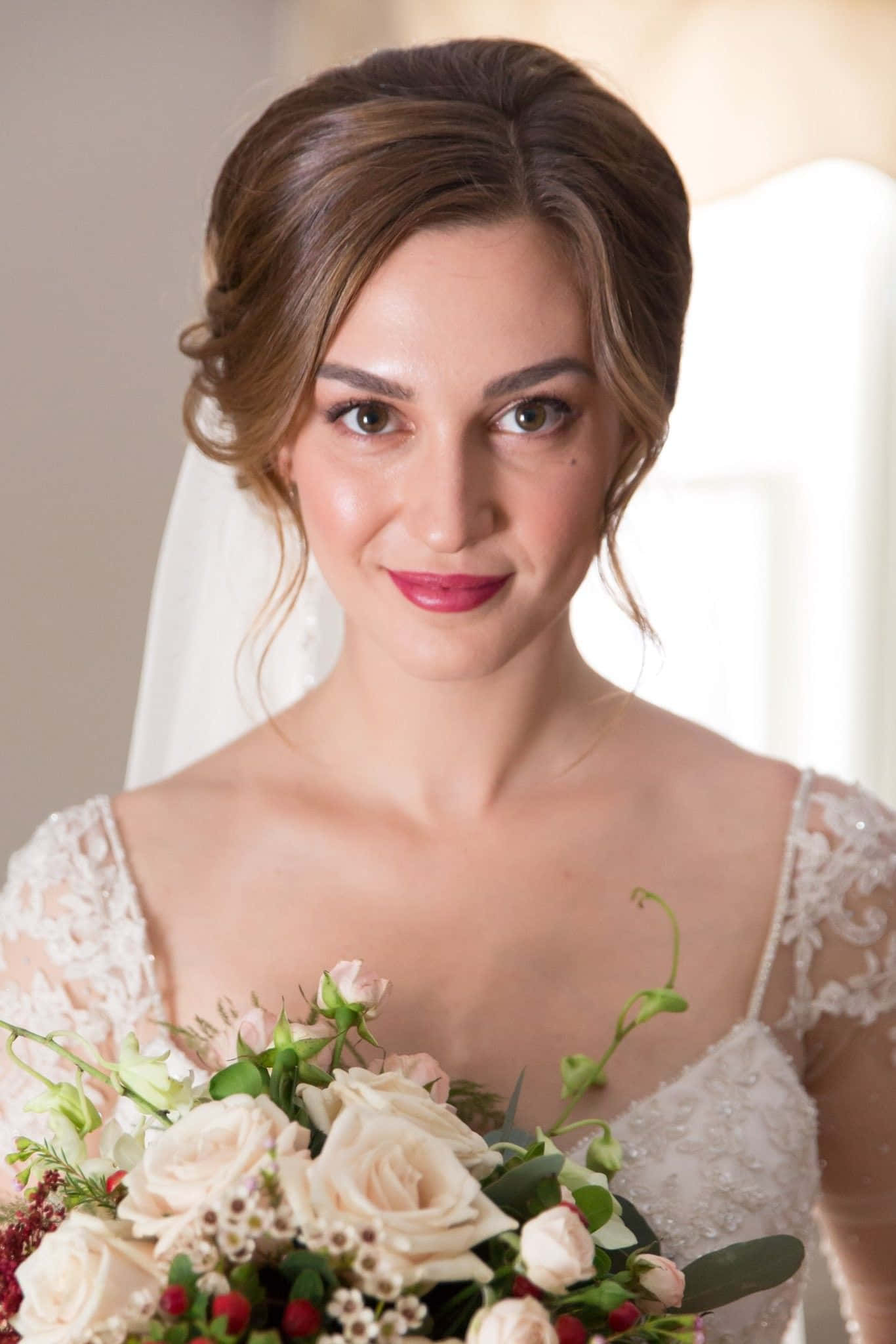 elegant bride, brown hair, bold red lips, Full HD Phone Wallpaper
