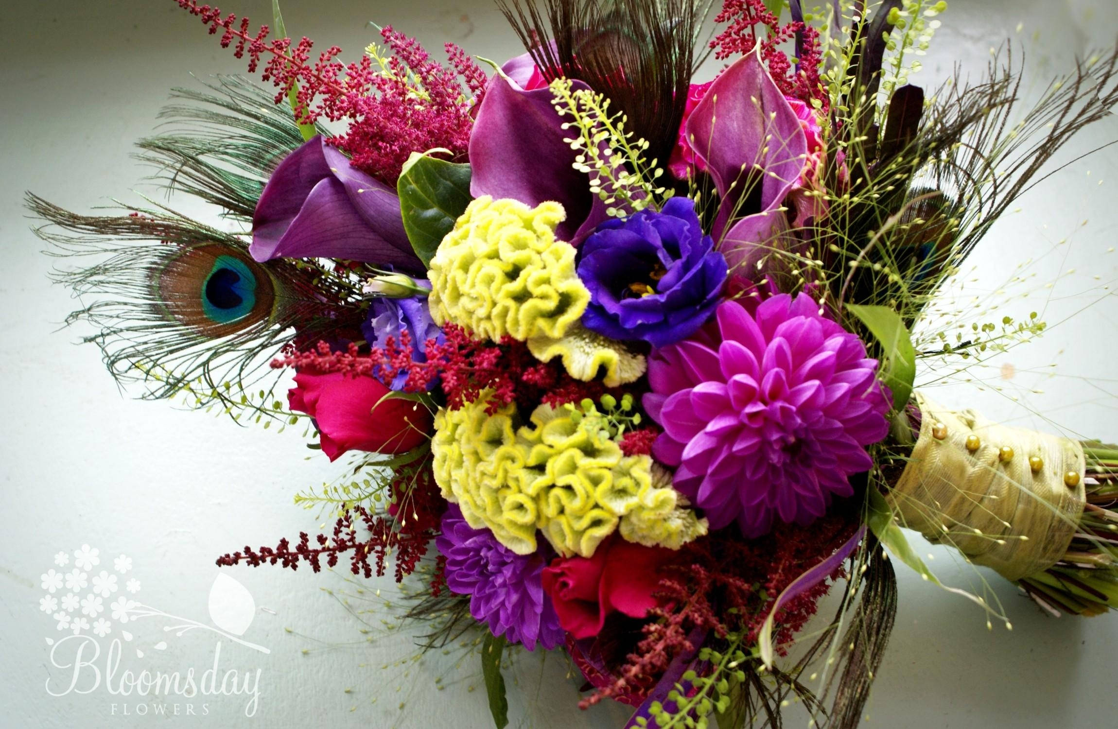 peacock feather, purple pink and yellow flowers, greenery, Full HD Desktop Wallpaper