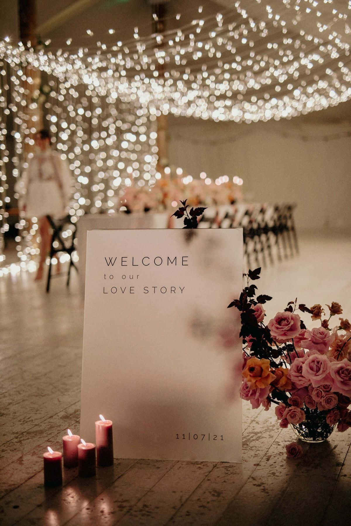 roses wedding, fairy lights, pink roses, HD Phone Wallpaper