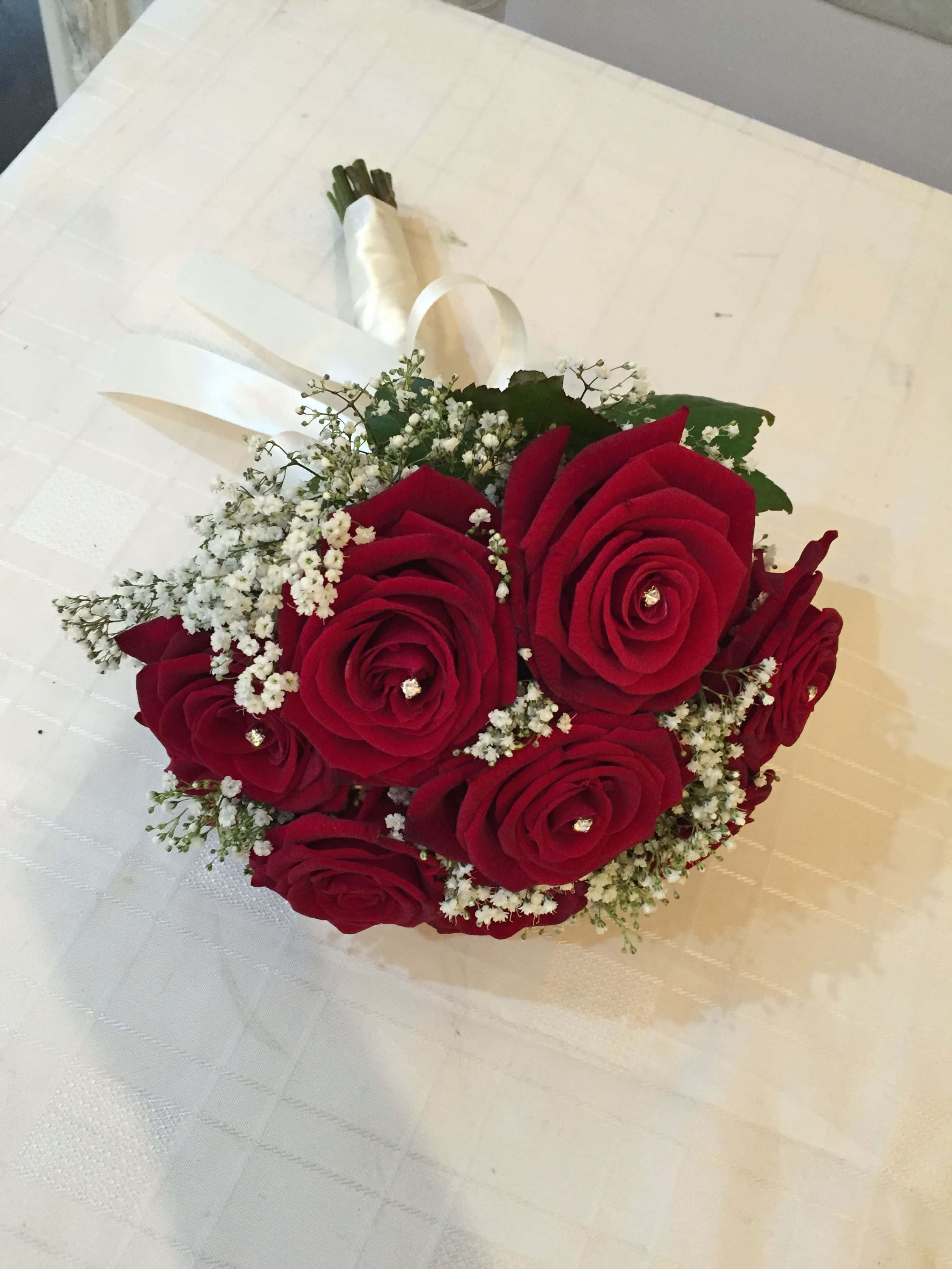 deep red roses, baby's breath, white ribbon, 2K Phone Wallpaper