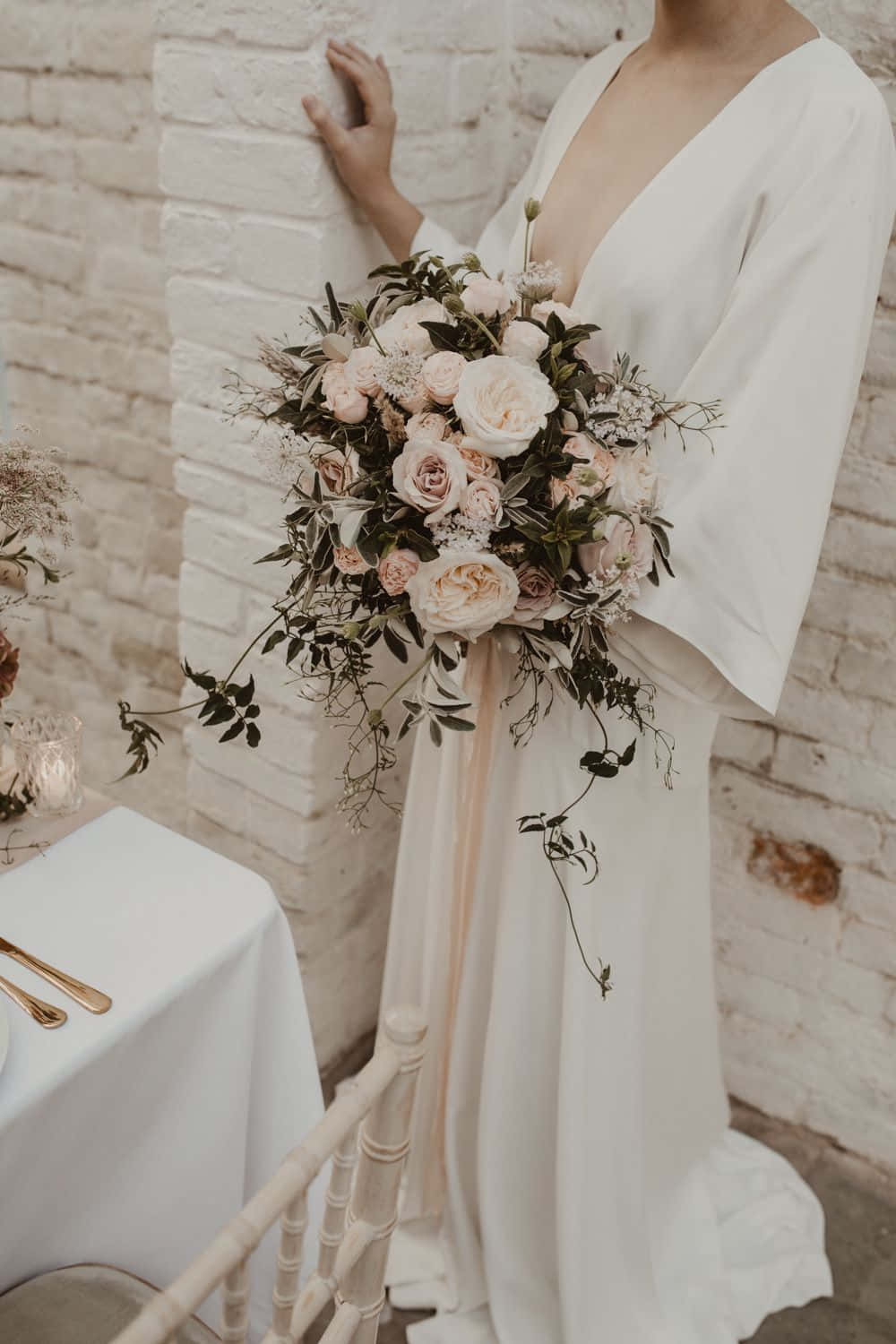 blush roses, greenery, white gown, HD Phone Wallpaper