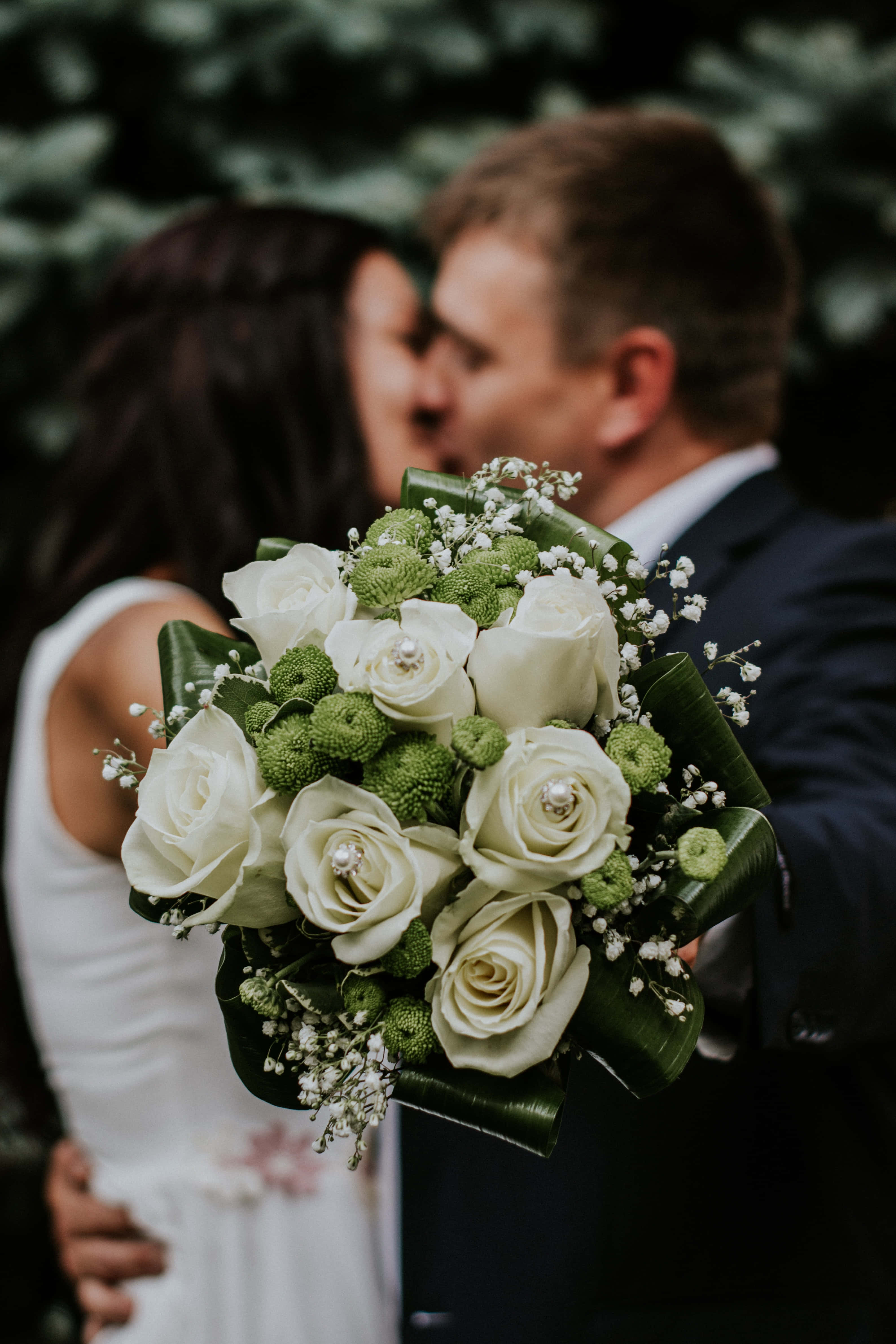 wedding bouquet, white roses, greenery, 4K Phone Wallpaper