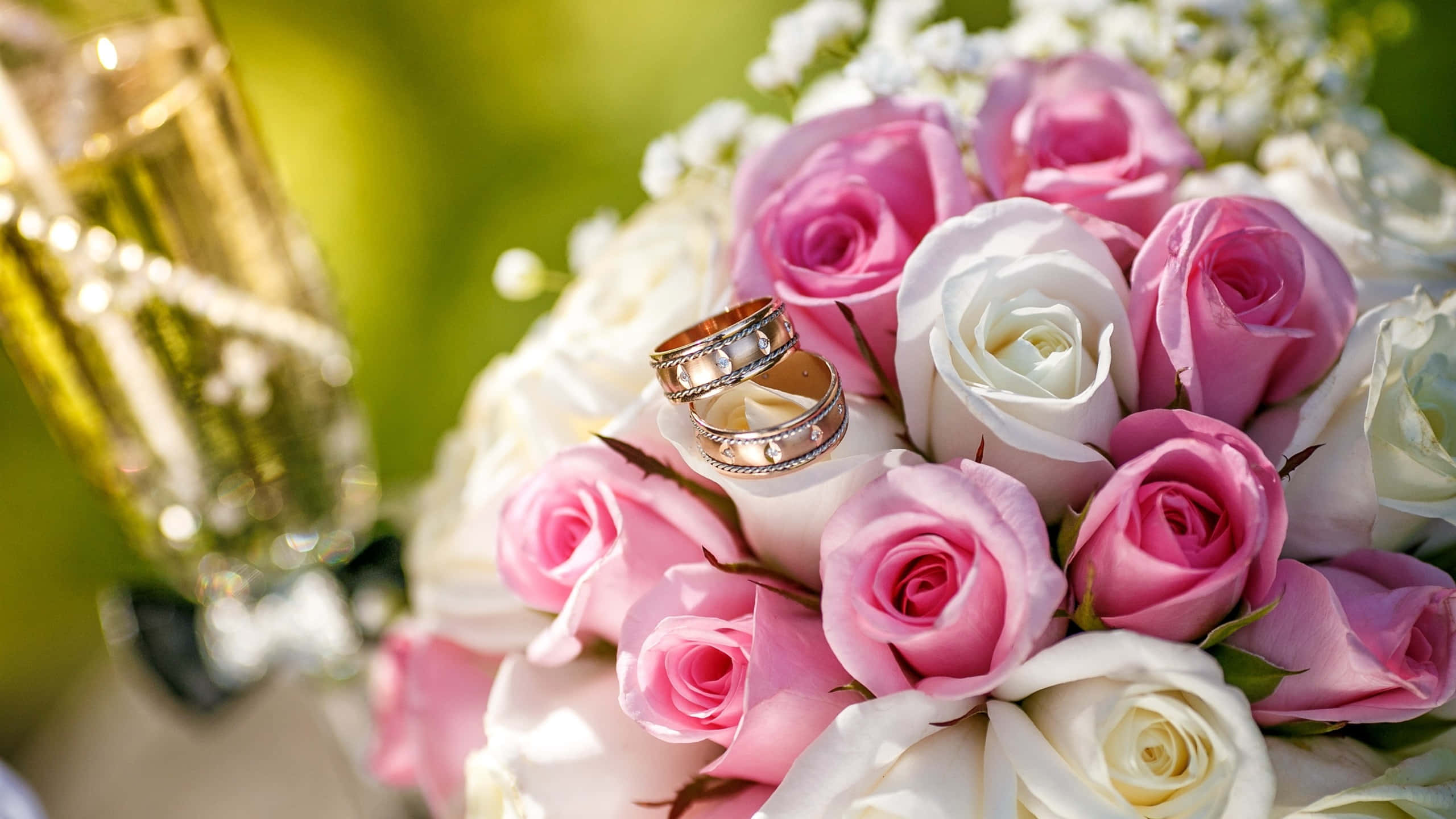 wedding flowers, pink and white roses, wedding rings, 2K Desktop Wallpaper