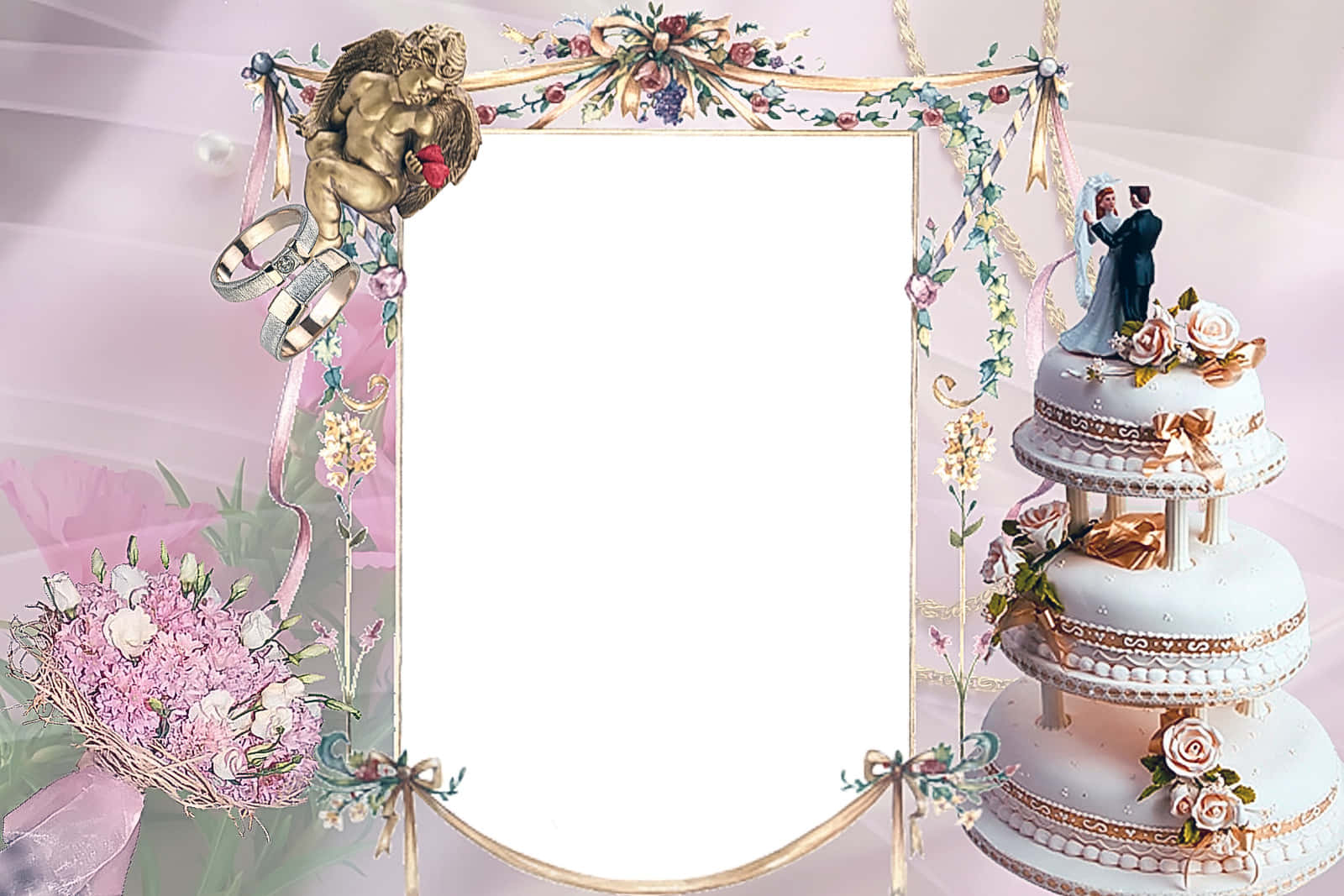 Elegant Wedding Frame, golden cherub rings bouquet, multi-tiered cake, HD Desktop Wallpaper