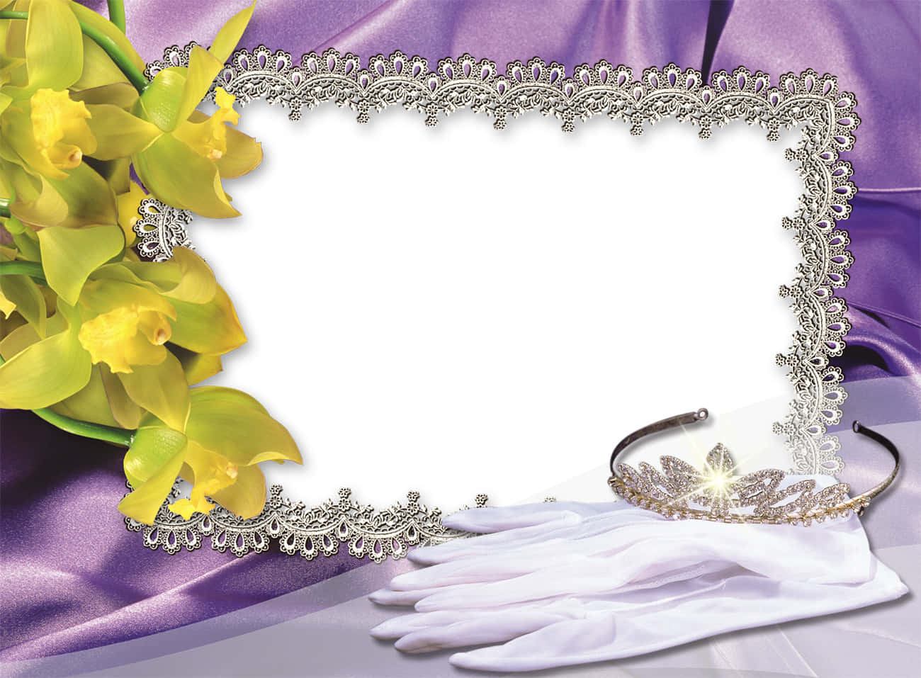 Elegant White Wedding Frame, silver lace frame, yellow orchids, HD Desktop Wallpaper