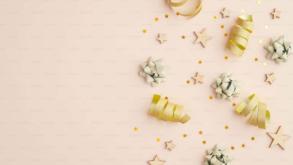 golden ribbons, bows, stars, SD Desktop Wallpaper