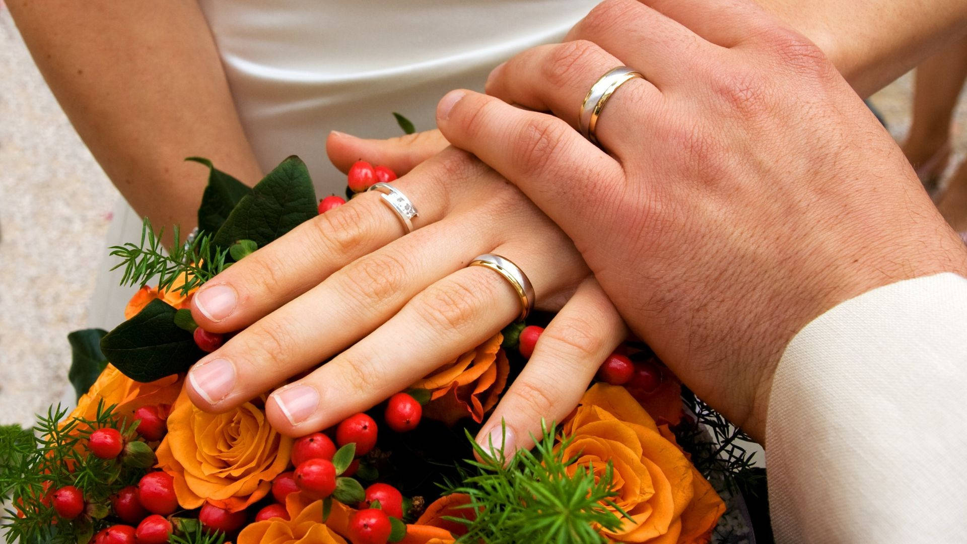 couple ring, wedding rings, orange roses, Full HD Desktop Wallpaper