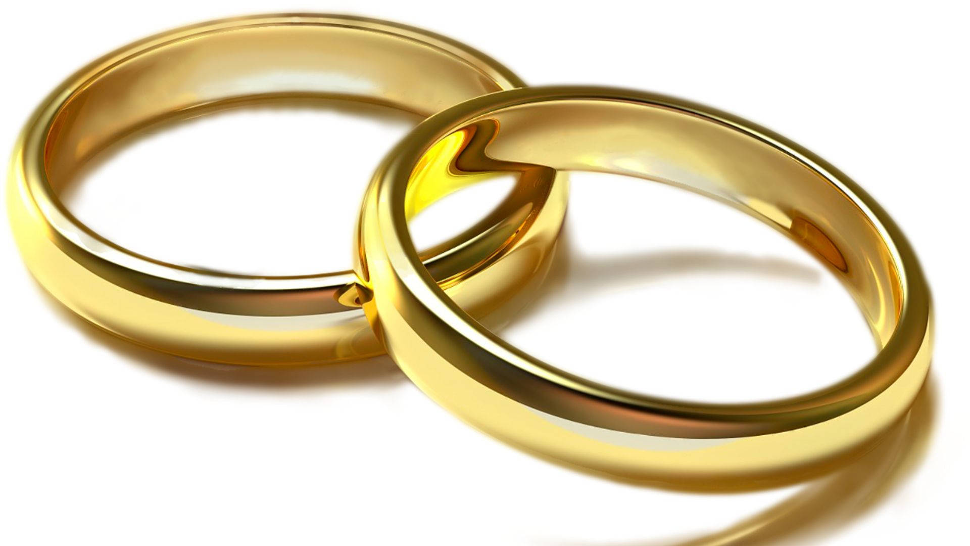 two gold wedding rings, gleaming gold wedding bands, pure white background, Full HD Desktop Wallpaper