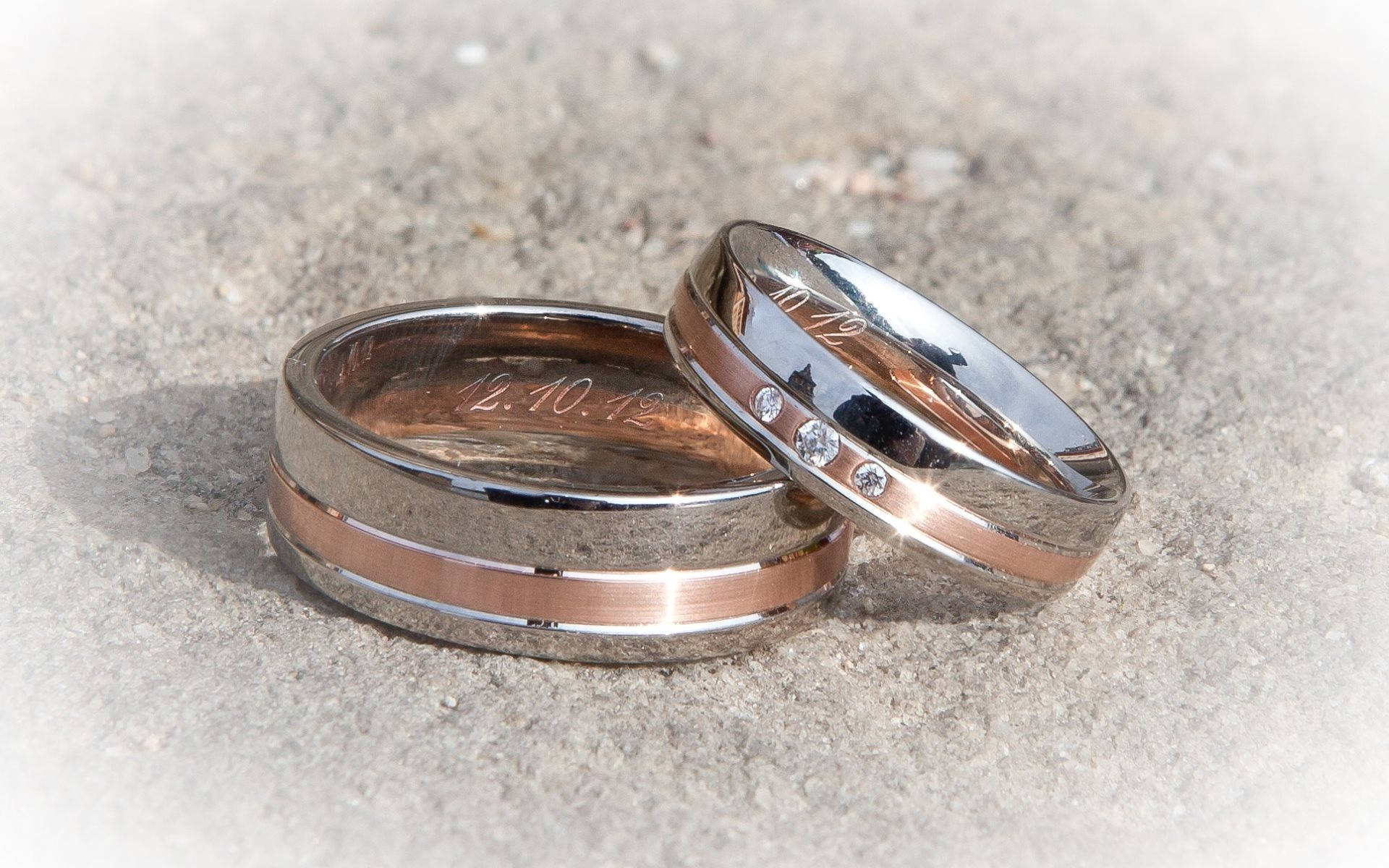 silver pink wedding rings, diamonds, engraved date, Full HD Desktop Wallpaper