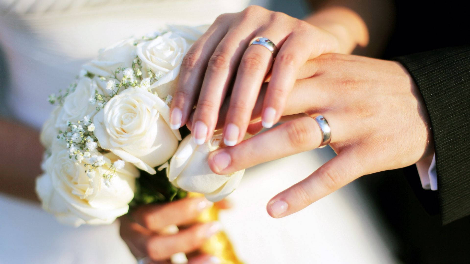 Wedding Rings, newly wed, white roses, Full HD Desktop Wallpaper