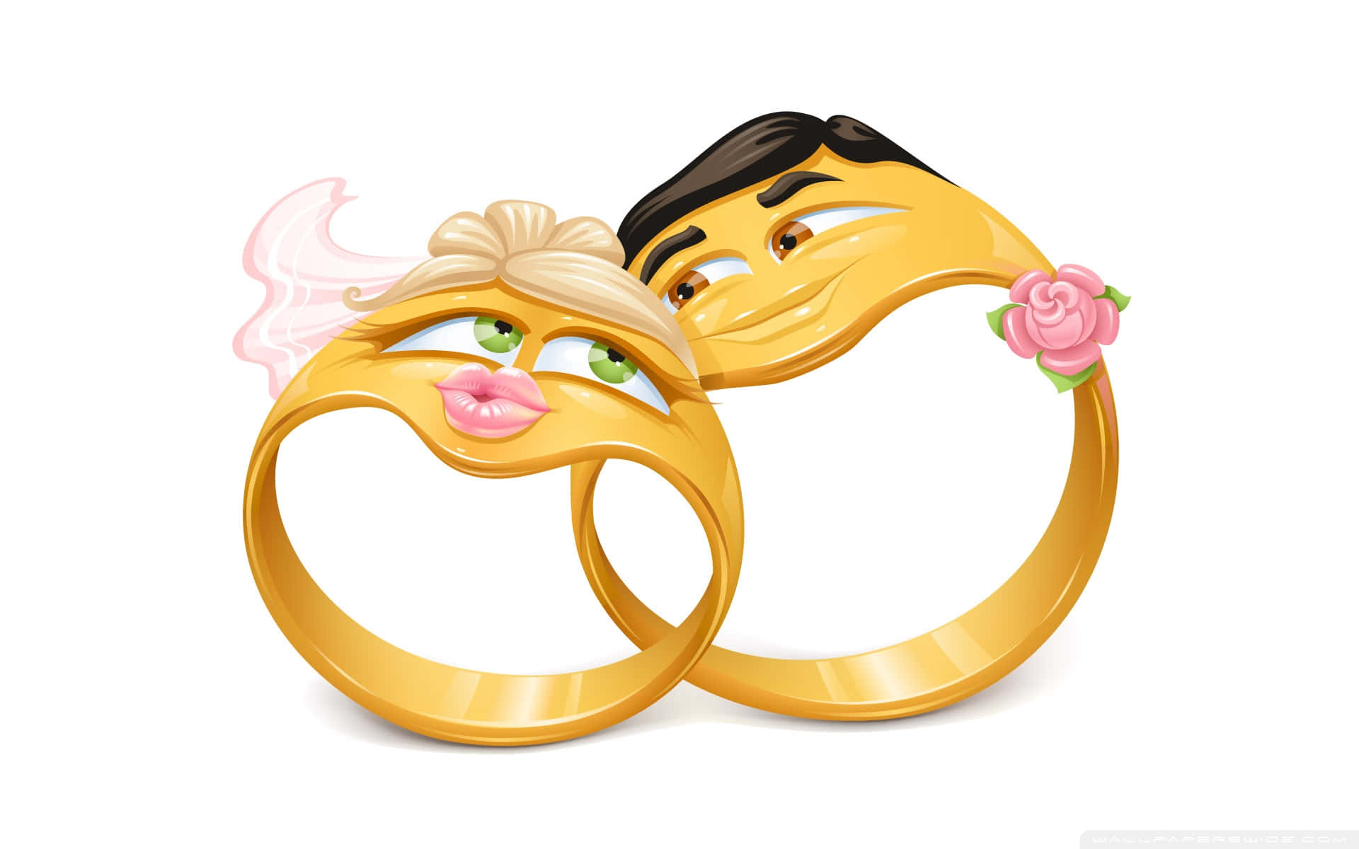 groom and bride wedding ring, cartoonish gold wedding rings, faces, Full HD Desktop Wallpaper