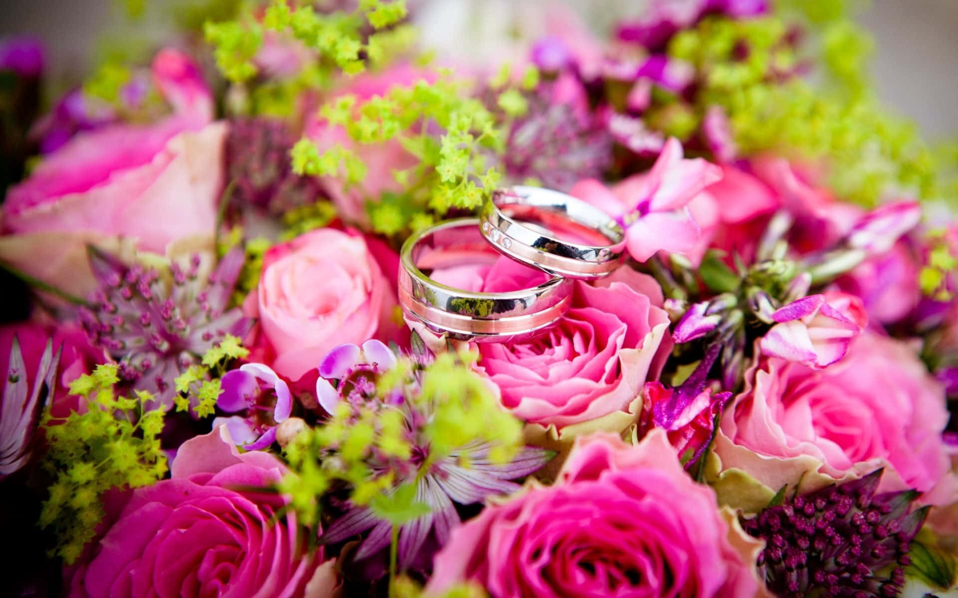wedding ring, pink roses, lush bouquet, Full HD Desktop Wallpaper