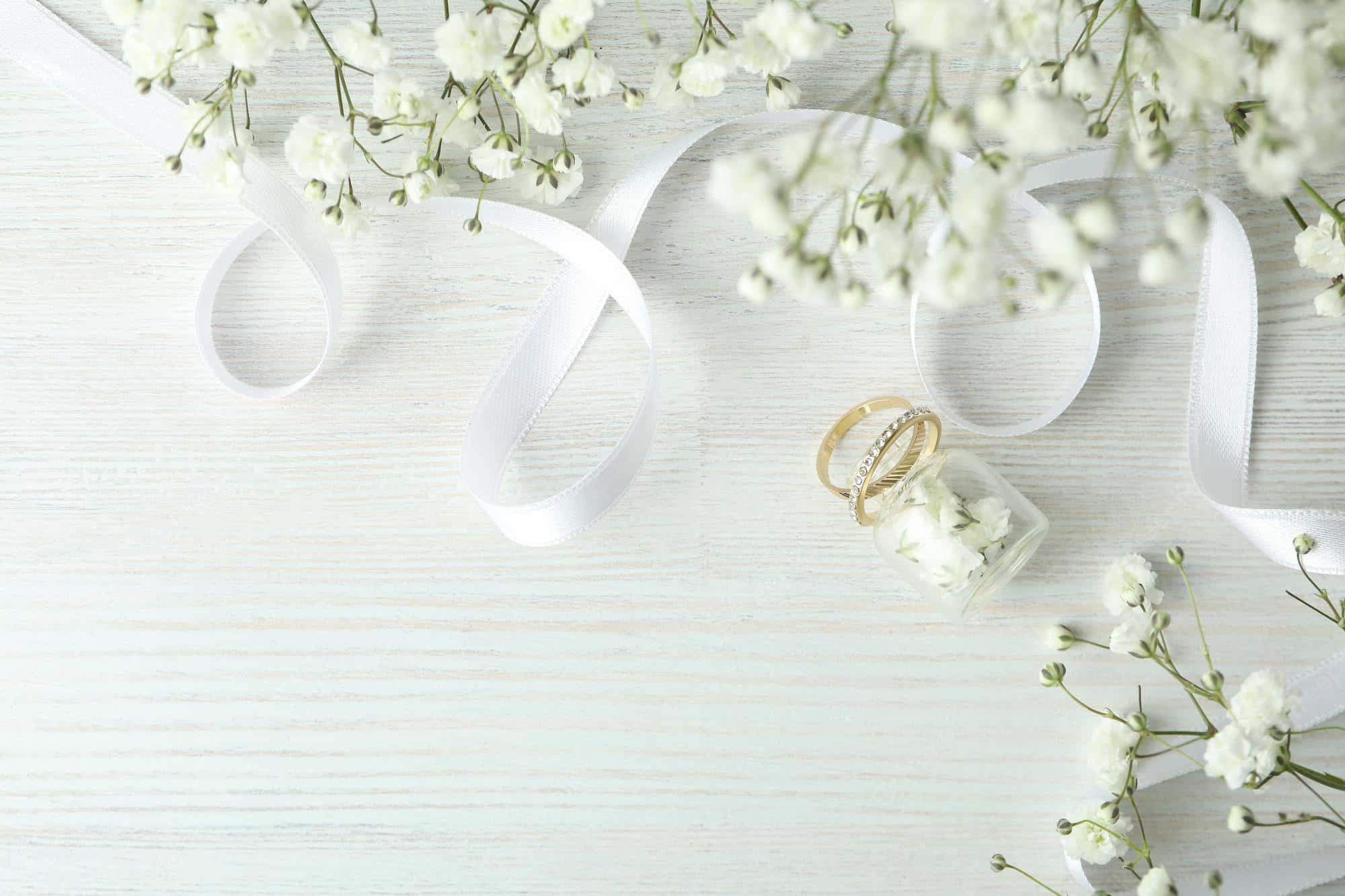 white baby's breath flowers, ribbons, gold wedding rings, Full HD Desktop Wallpaper