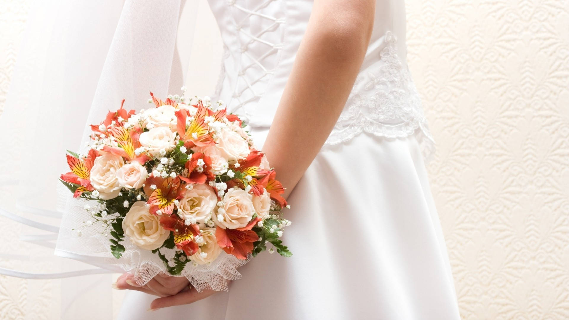white lace wedding gown, coral alstroemeria, cream roses, Full HD Desktop Wallpaper