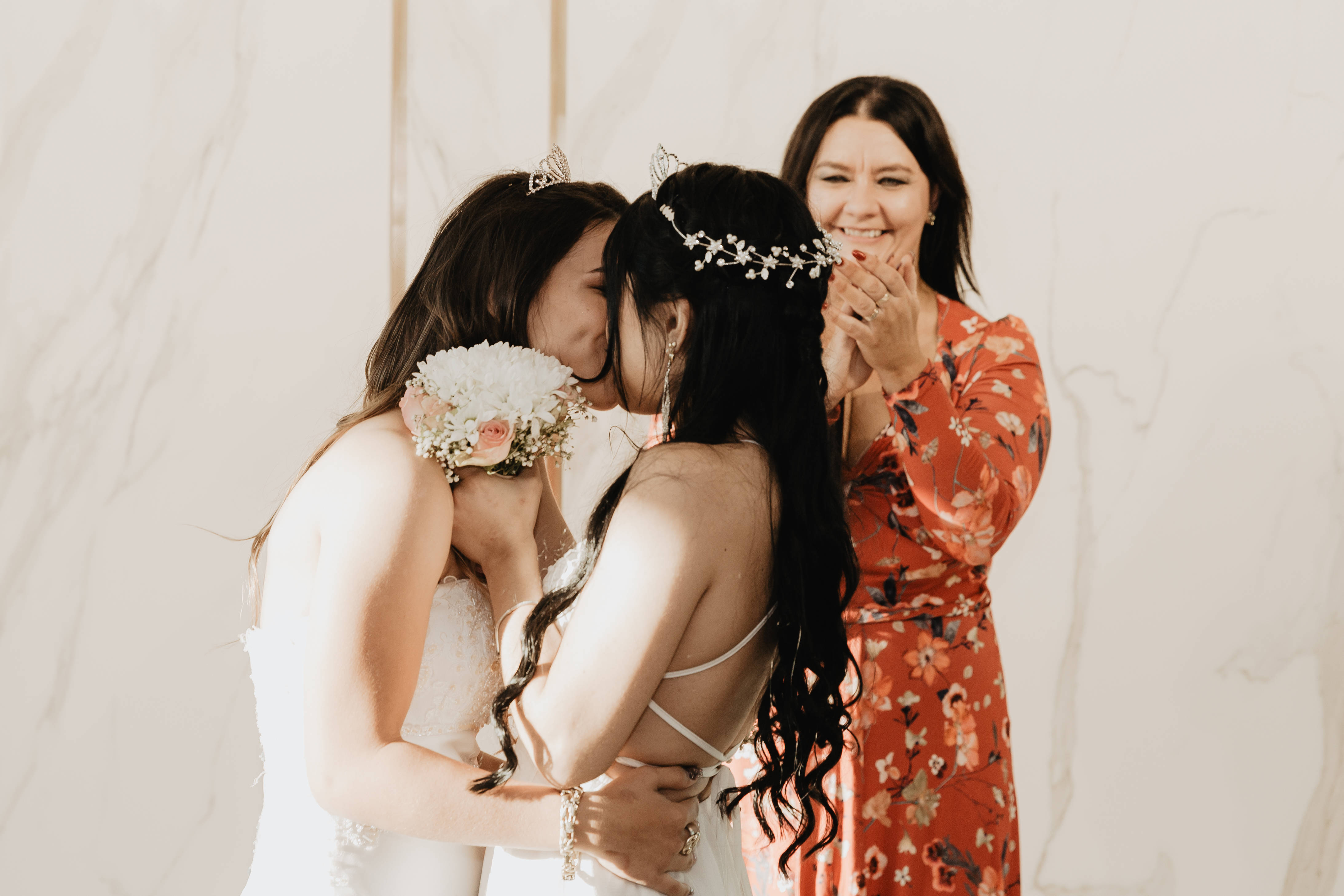 lesbian wedding, white wedding attire, floral dress, 4K Desktop Wallpaper