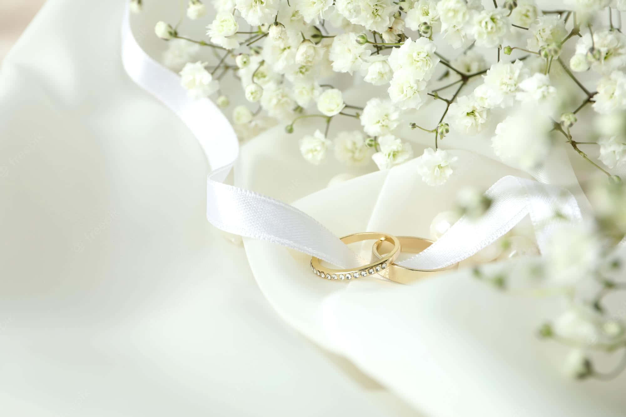 gold wedding rings, diamonds, white satin ribbon, Full HD Desktop Wallpaper
