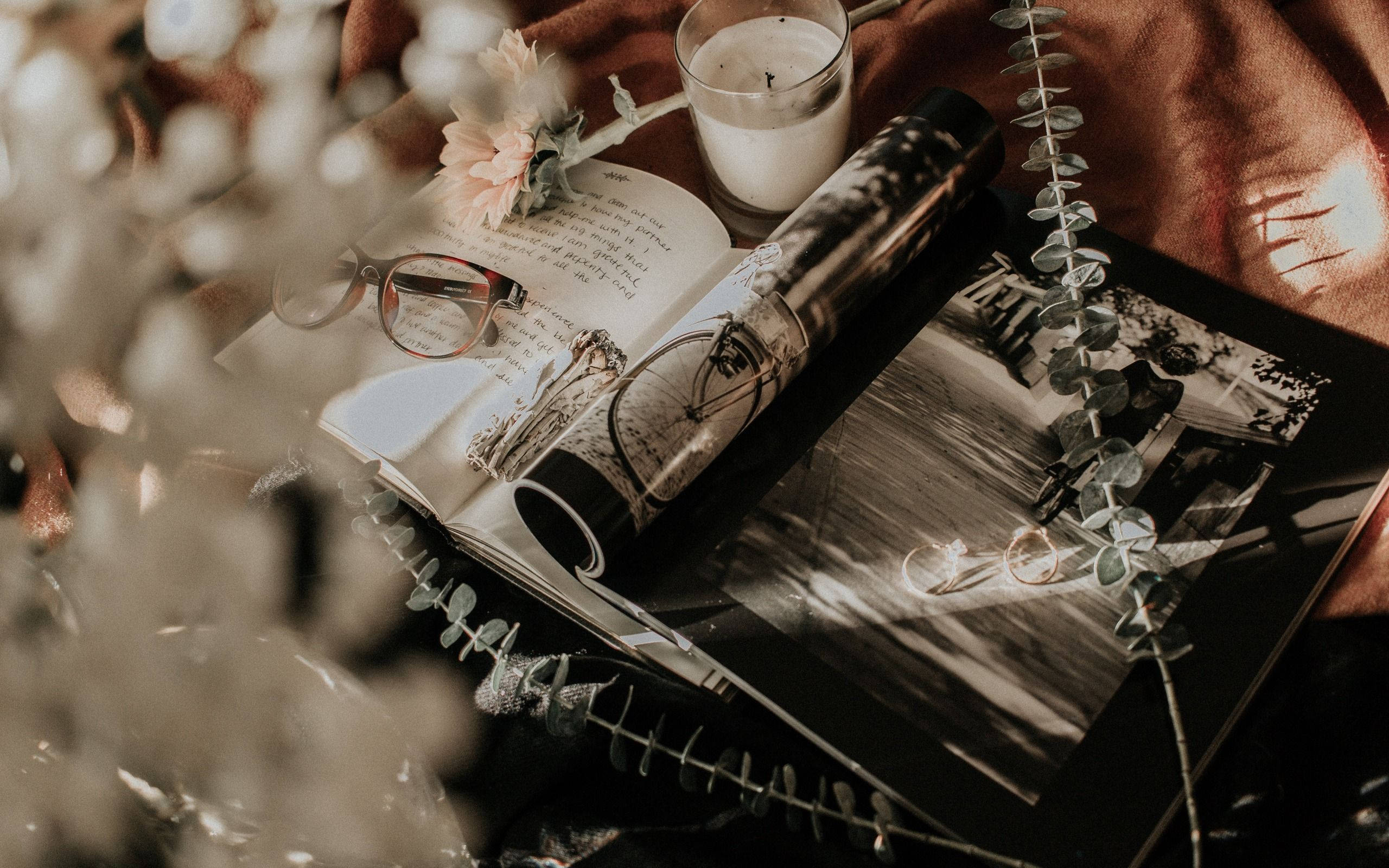 Aesthetic Wedding Album, cozy tabletop scene, open book, 2K Desktop Wallpaper