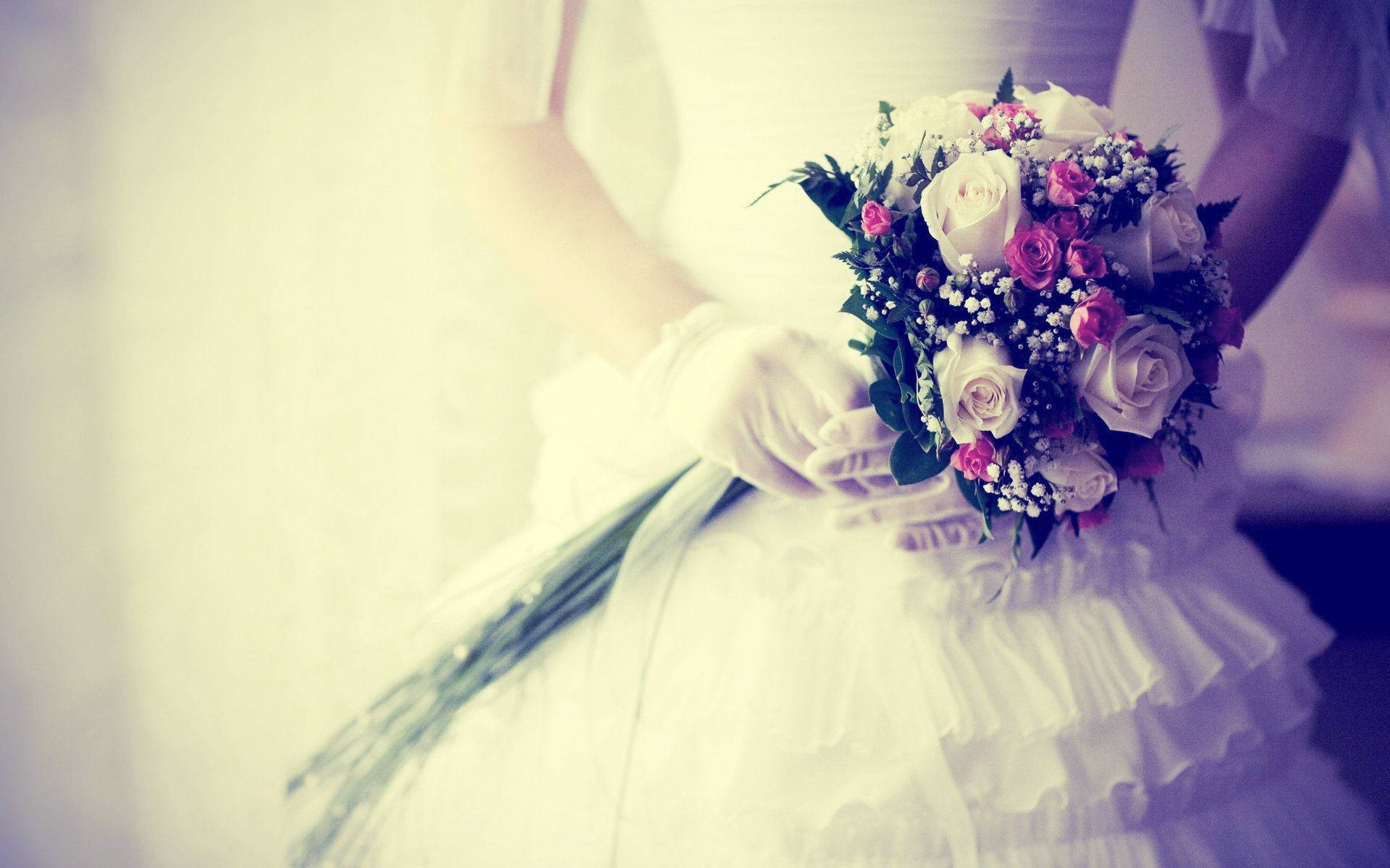 white gown, gloves, pink and white roses, Full HD Desktop Wallpaper