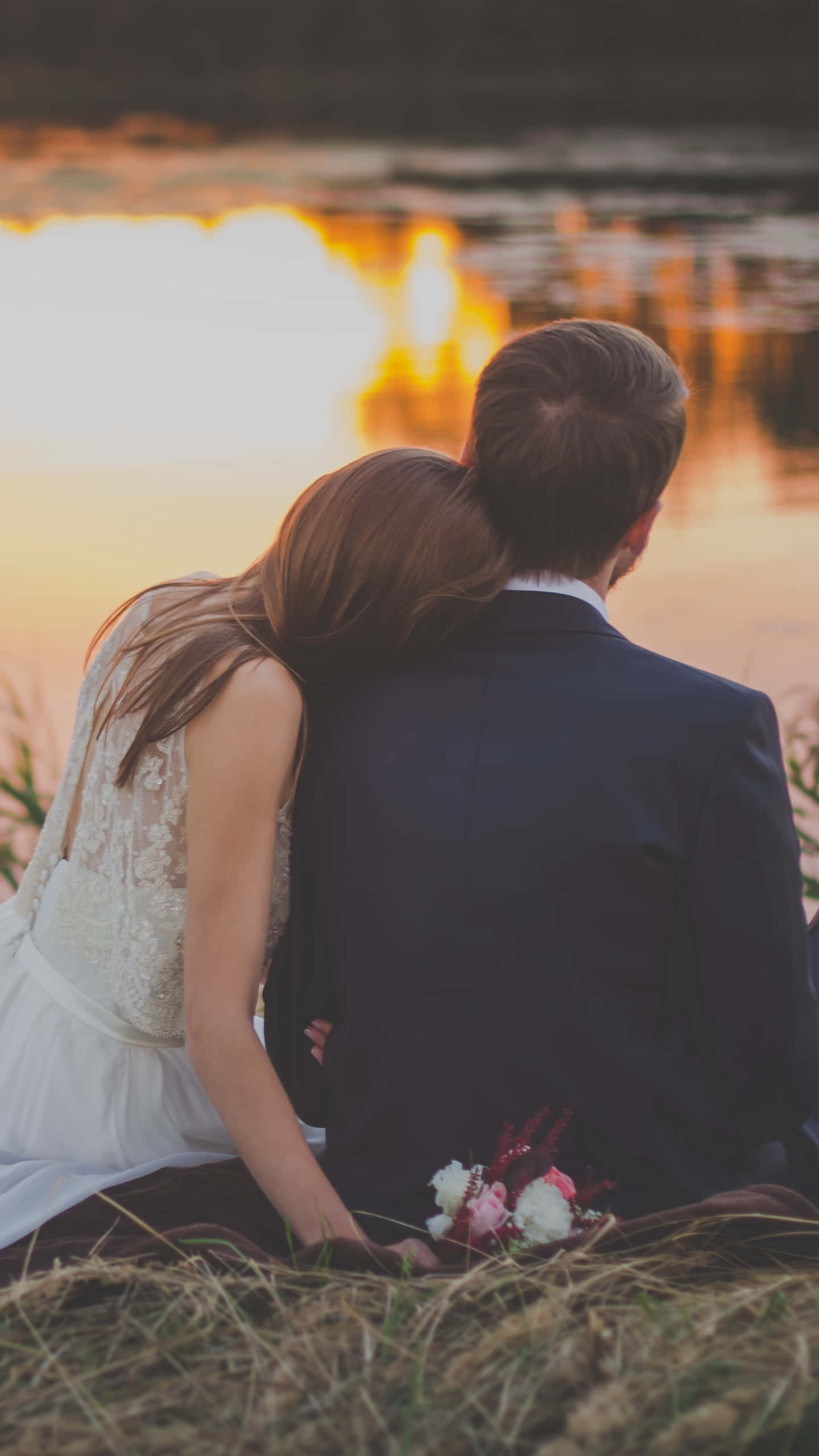 wedding couple, lake, golden sunset, 2K Phone Wallpaper