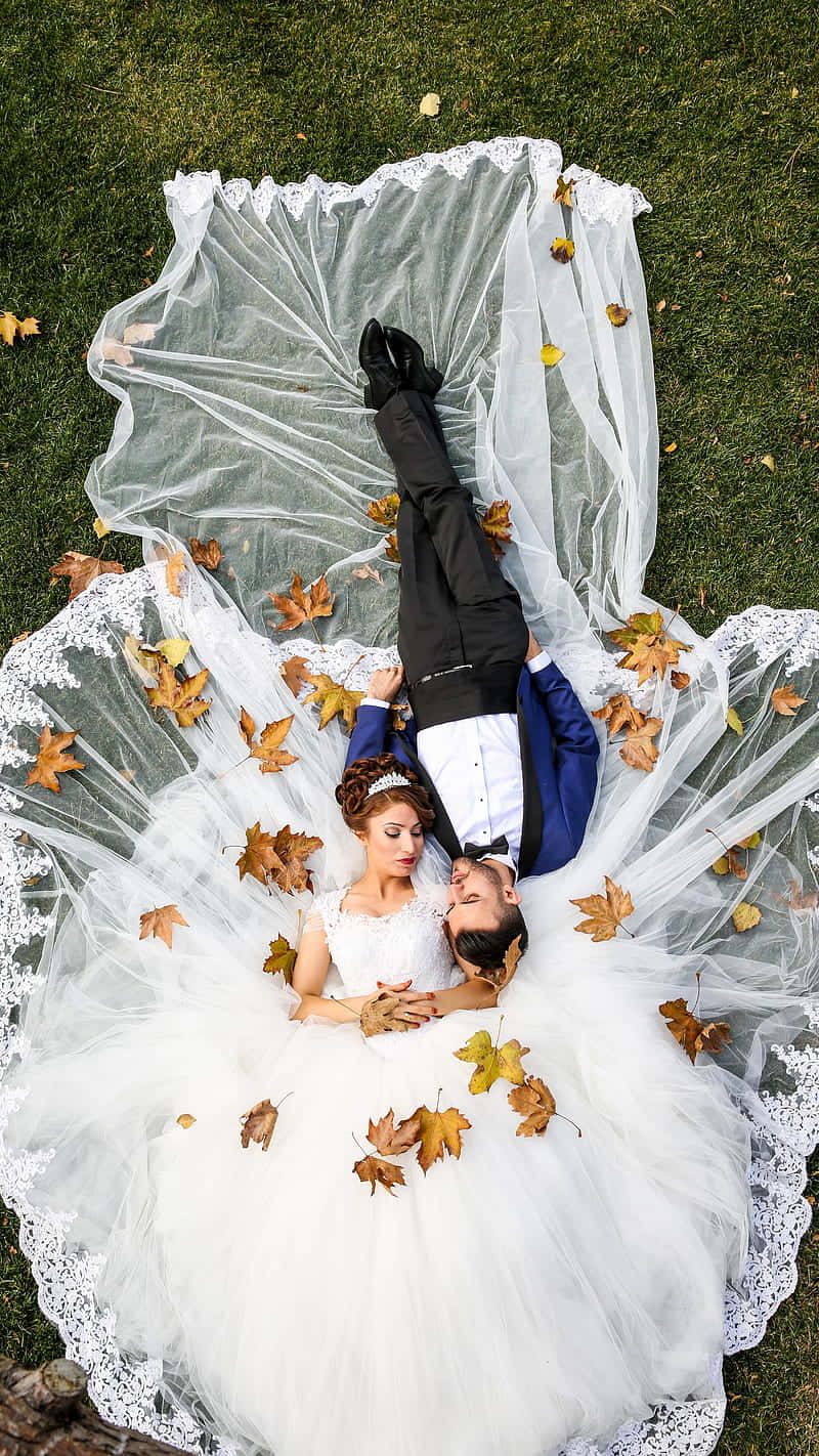 wedding couple, autumn leaves, grass, HD Phone Wallpaper