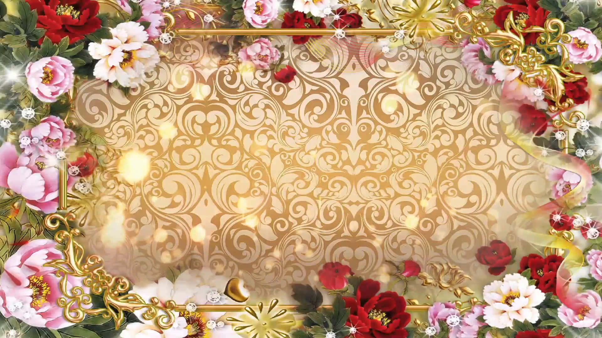 golden damask, red pink and white peonies, sparkling glitter accents, Full HD Desktop Wallpaper