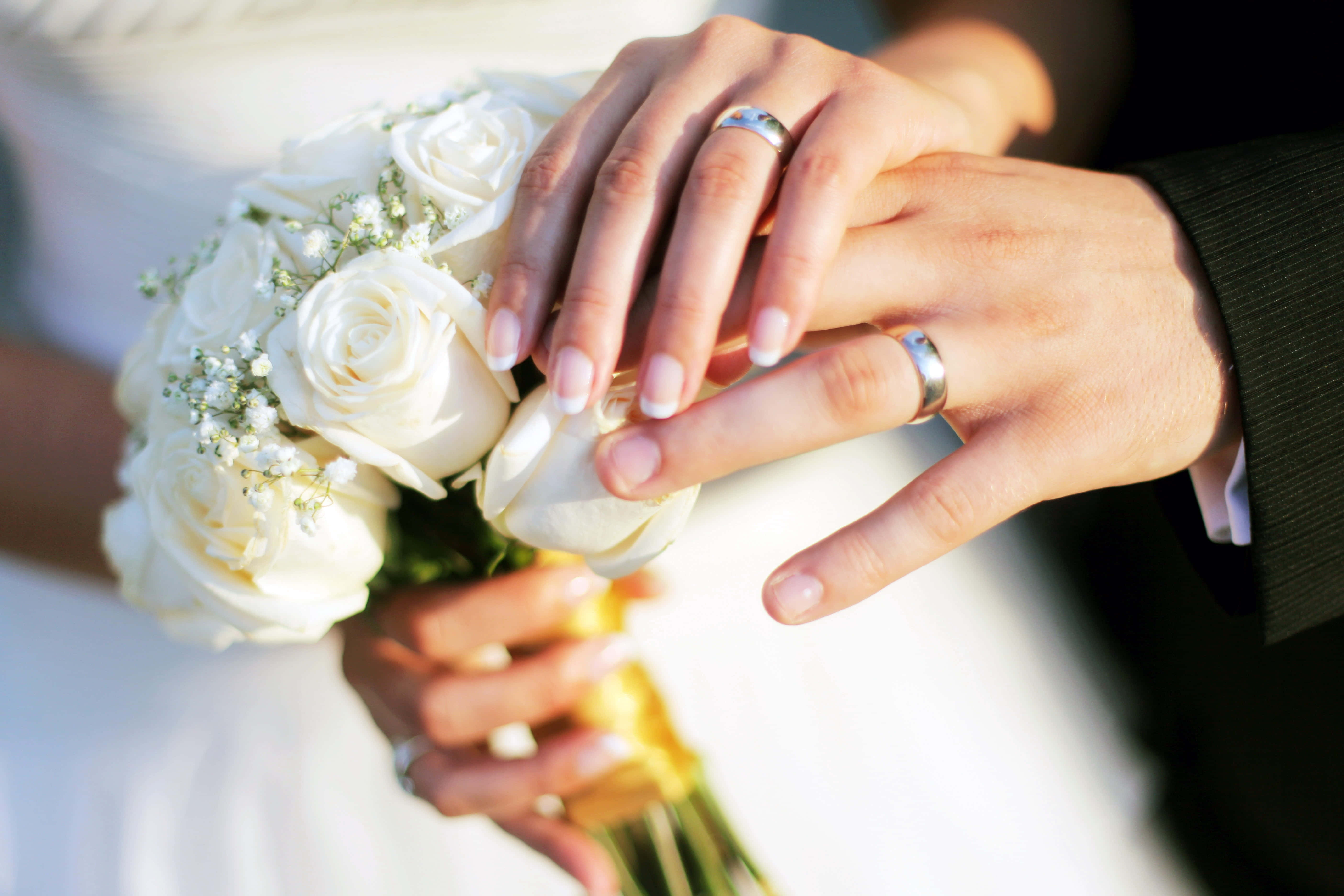 wedding couple, white roses, rings, 5K Desktop Wallpaper
