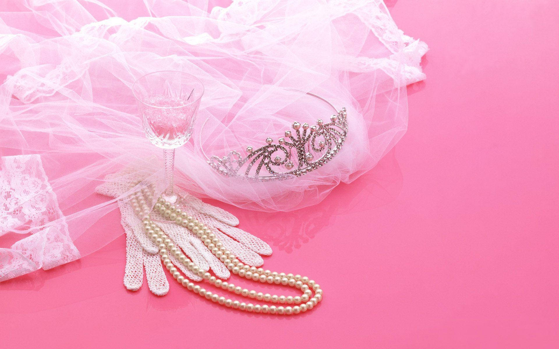 pink wedding aesthetic, sparkling tiara, pearl necklace, Full HD Desktop Wallpaper