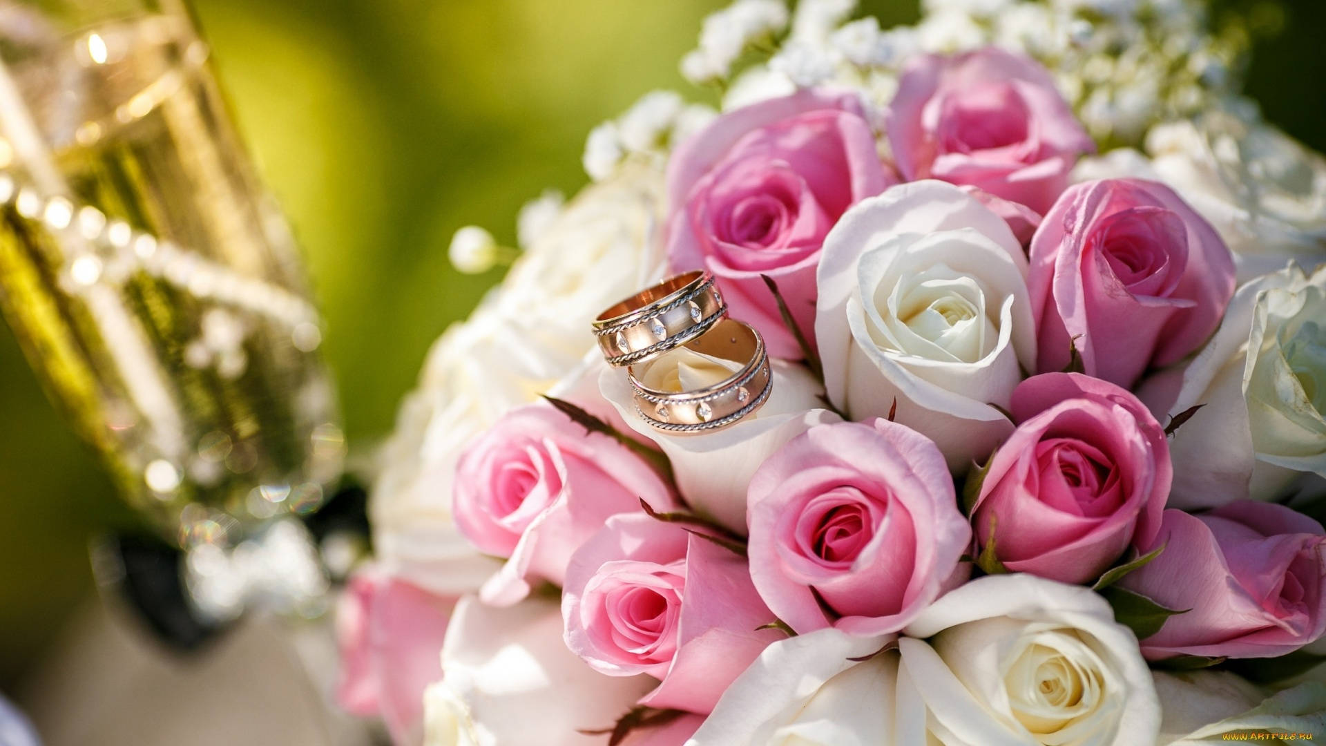 wedding rings, pink and white roses, bouquet, Full HD Desktop Wallpaper