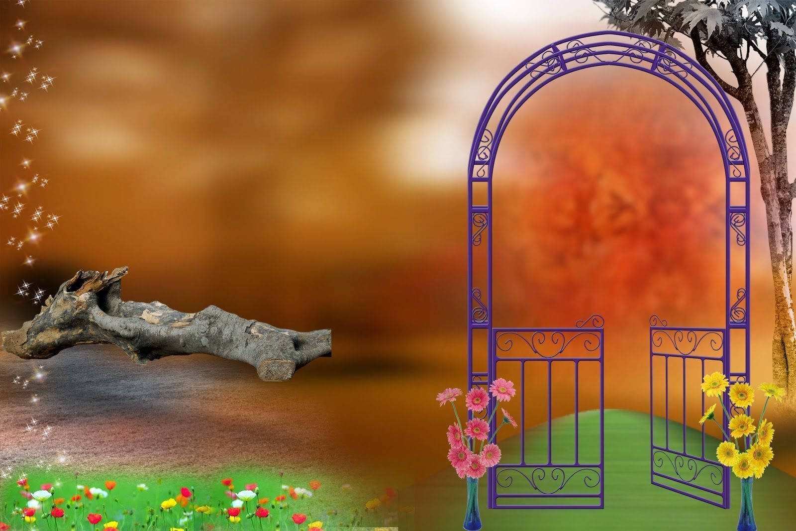 purple arched gate, vibrant field of colorful flowers, warm glowing sky, HD Desktop Wallpaper