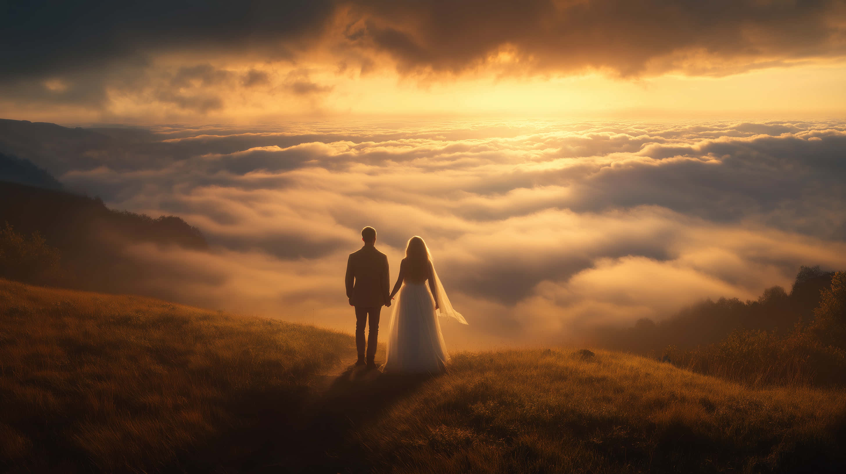 couple, silhouette, golden sunset, 2K Desktop Wallpaper
