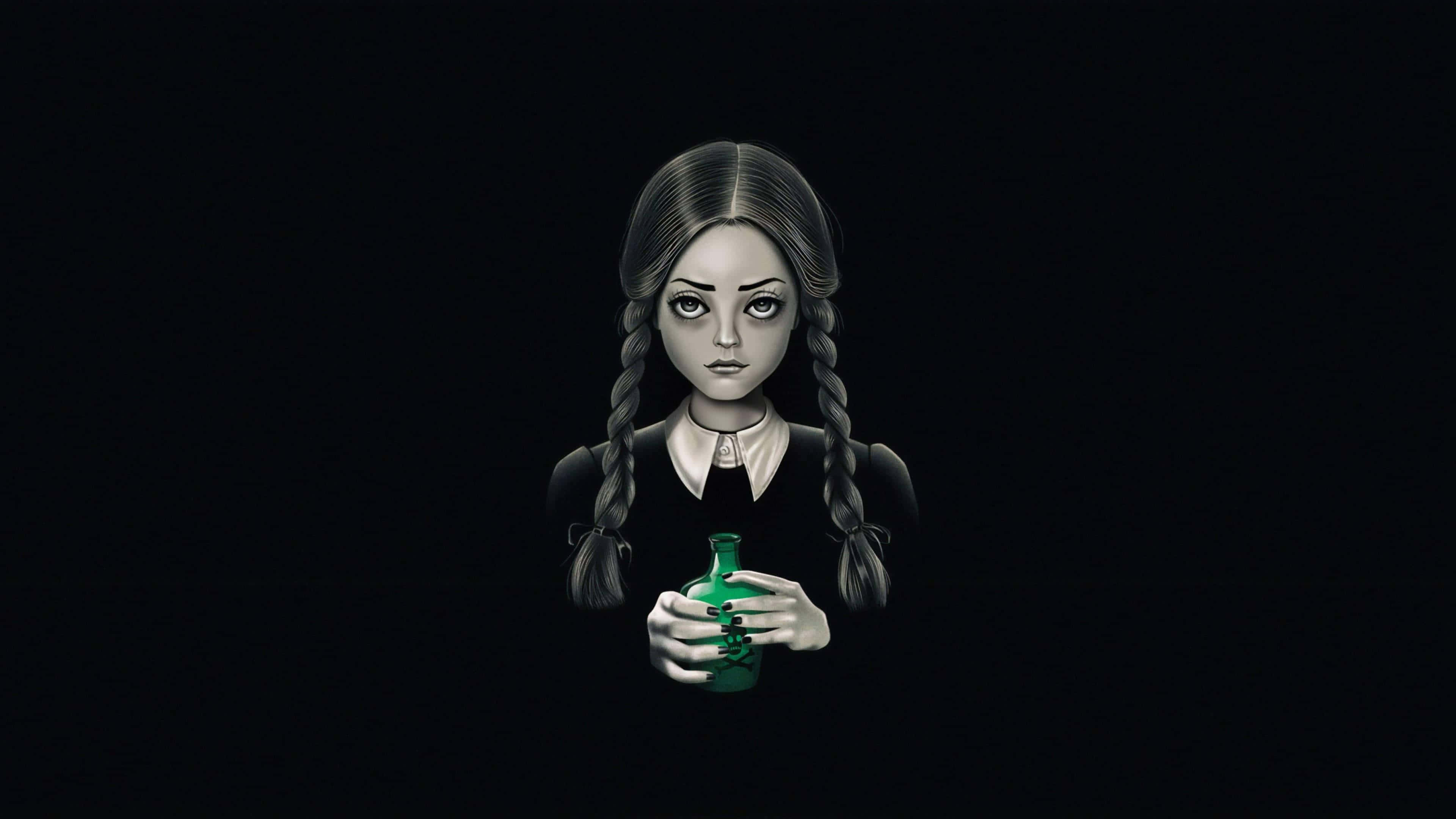 Wednesday Addams, green potion bottle, braided hair, 4K Desktop Wallpaper