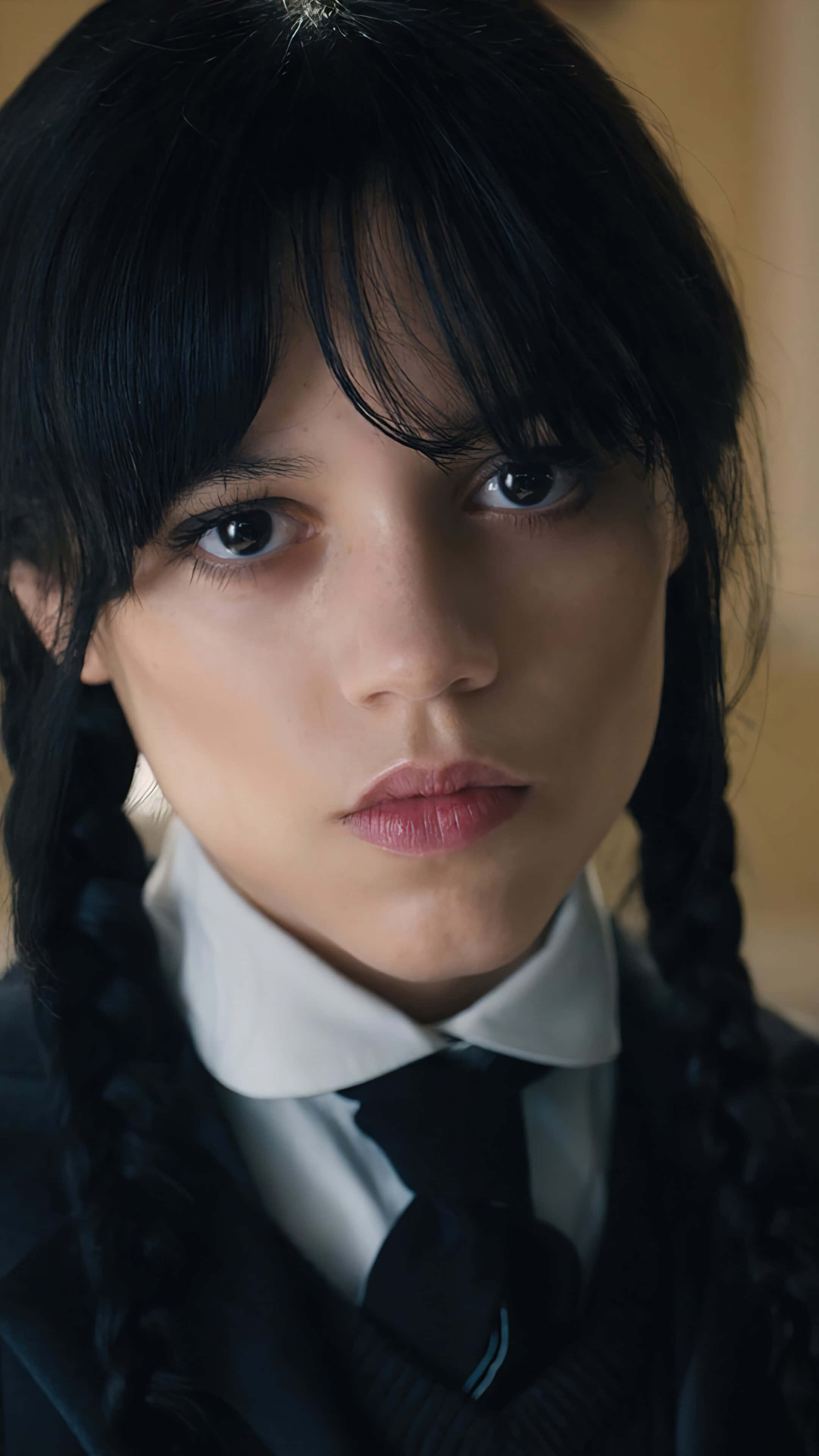 Wednesday Addams, intense gaze, dark braided hair, 4K Phone Wallpaper