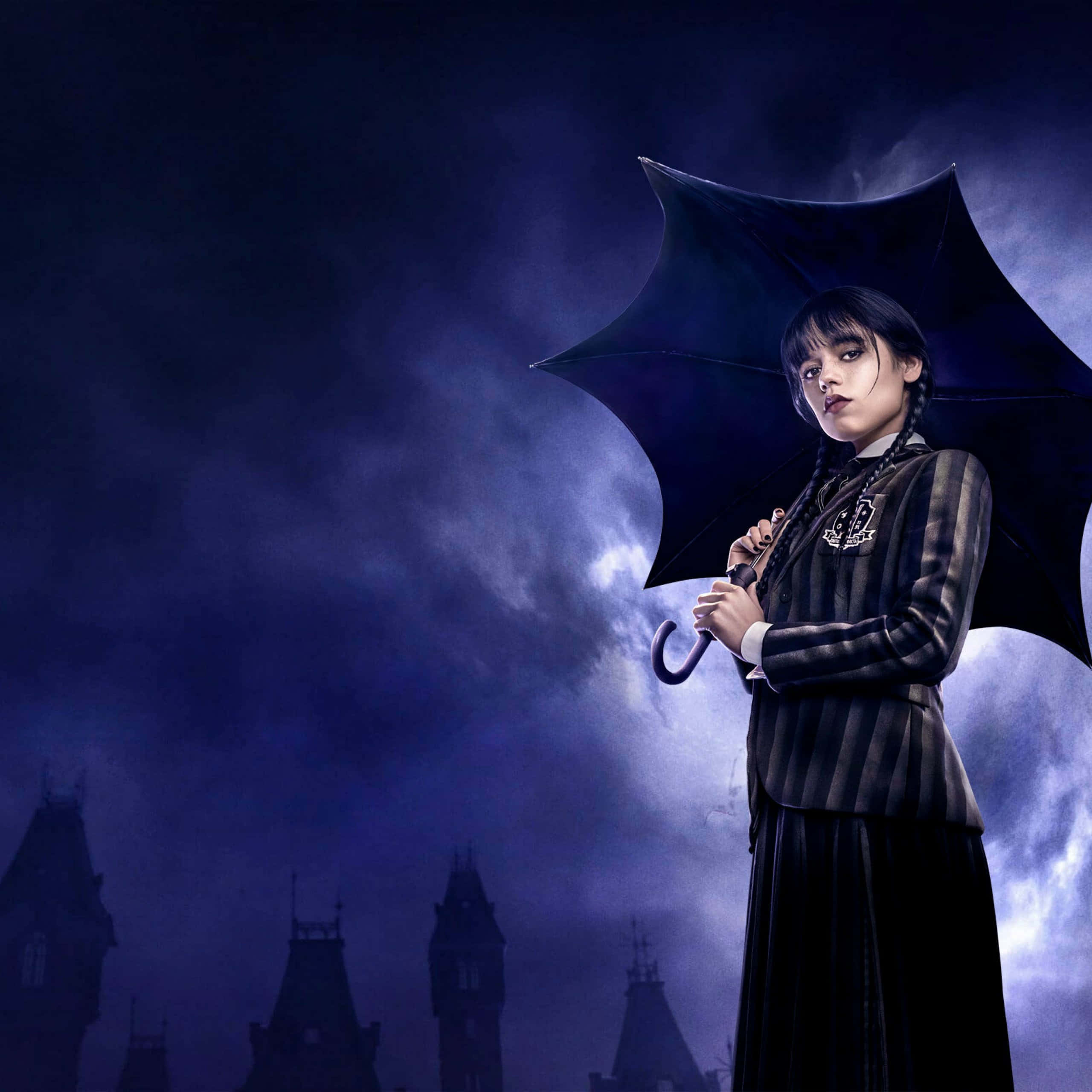 Wednesday Addams, black umbrella, striped dress, 2K Desktop Wallpaper