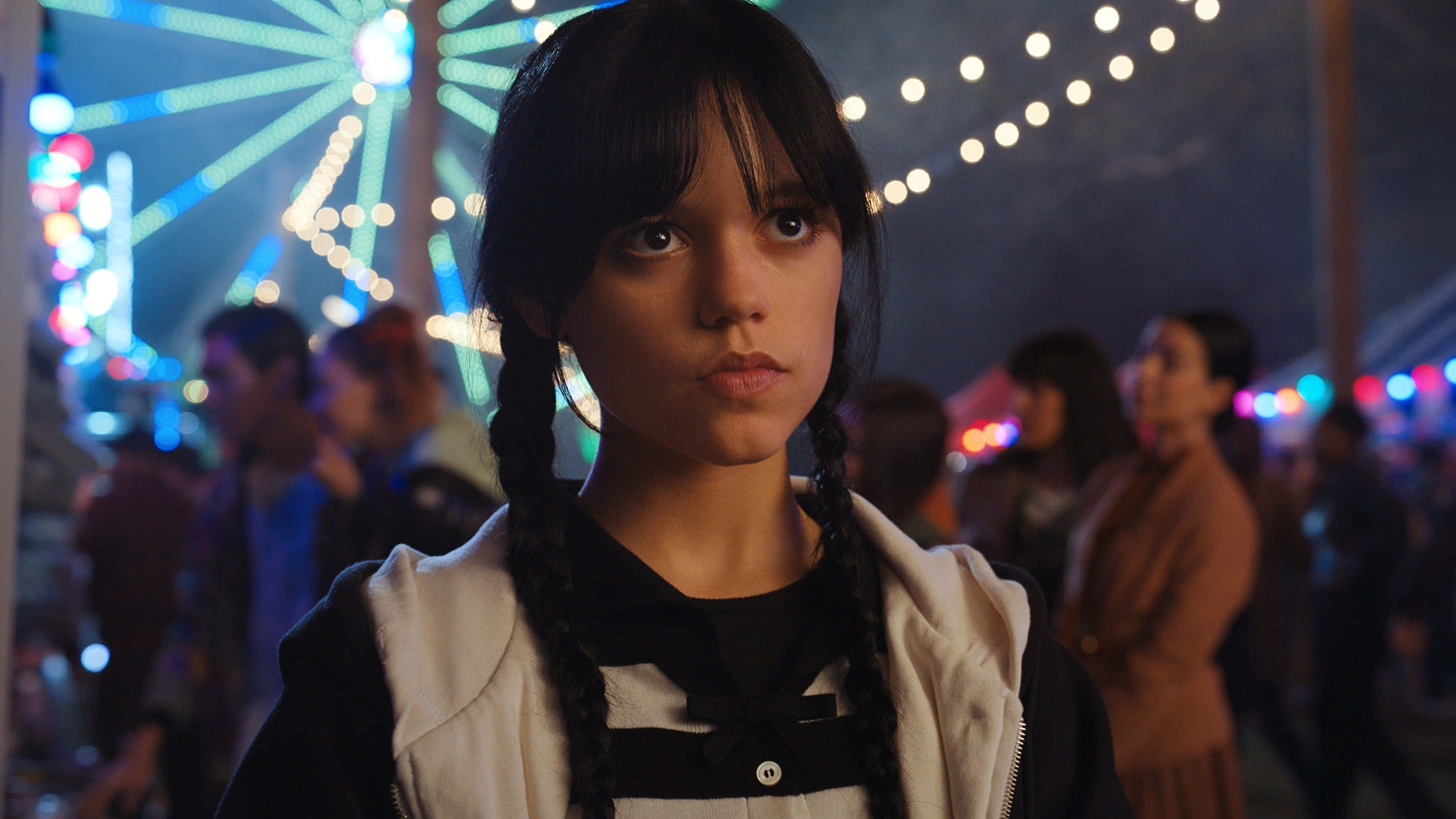 Wednesday Addams, carnival night, glowing carnival lights, 2K Desktop Wallpaper
