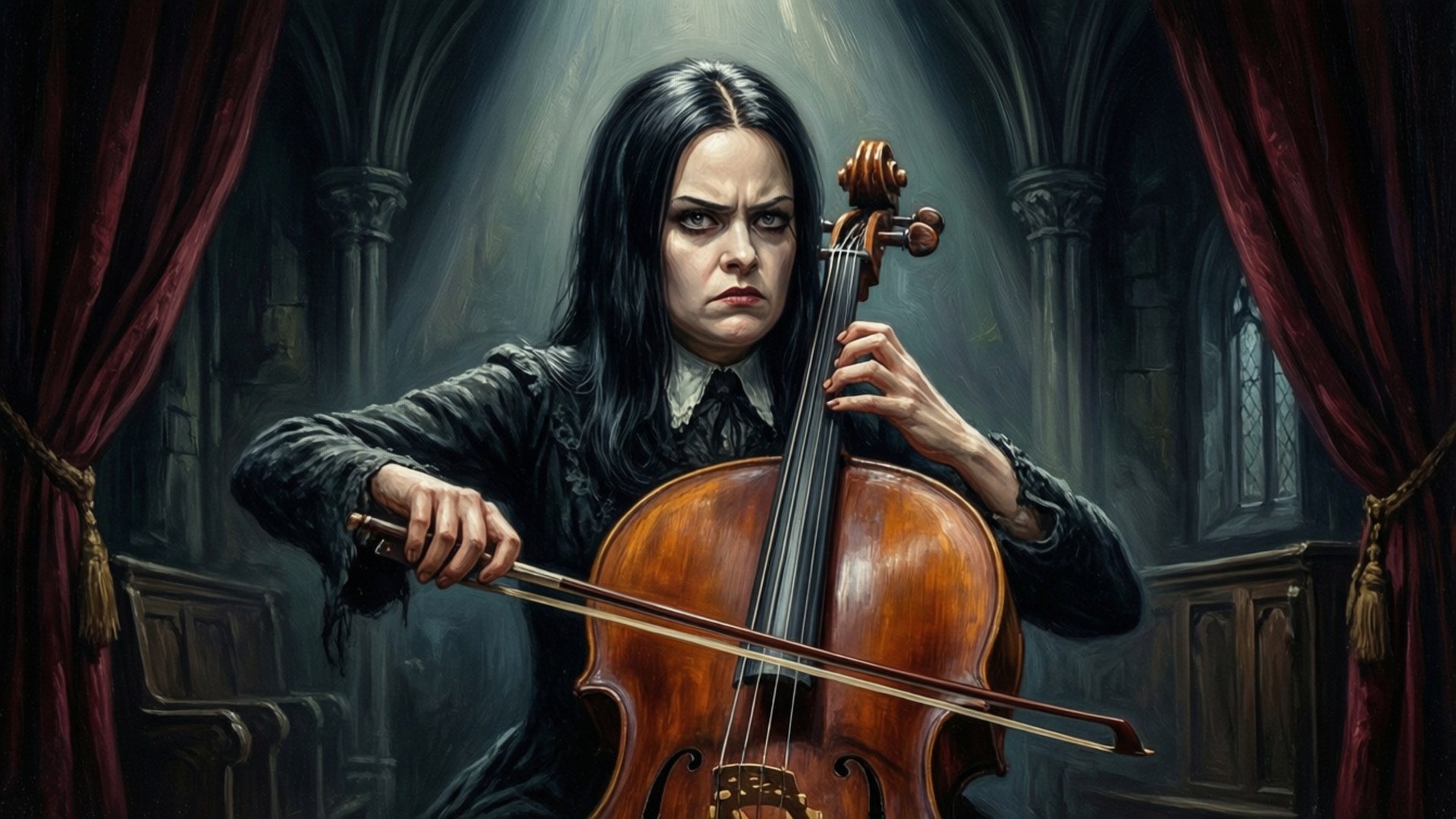 Wednesday Addams, cello, gothic hall, Full HD Desktop Wallpaper