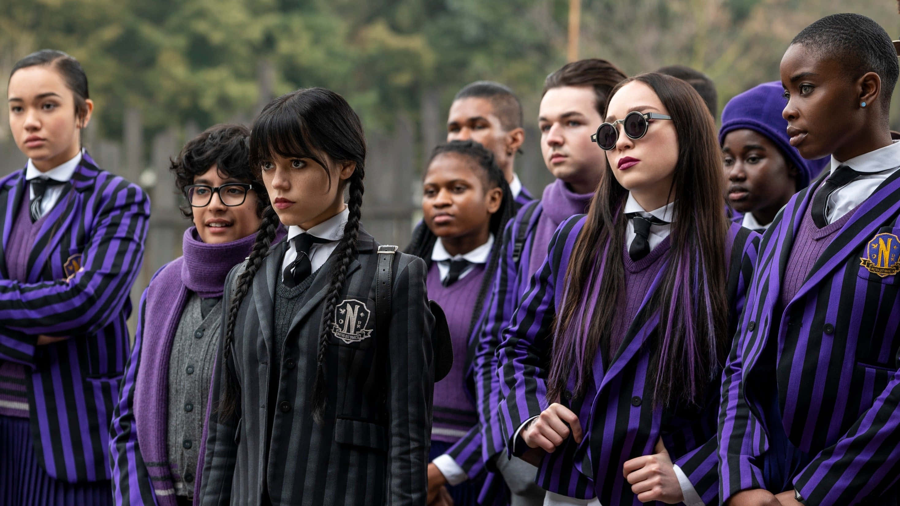 Wednesday Addams, purple and black striped uniforms, students, 2K Desktop Wallpaper
