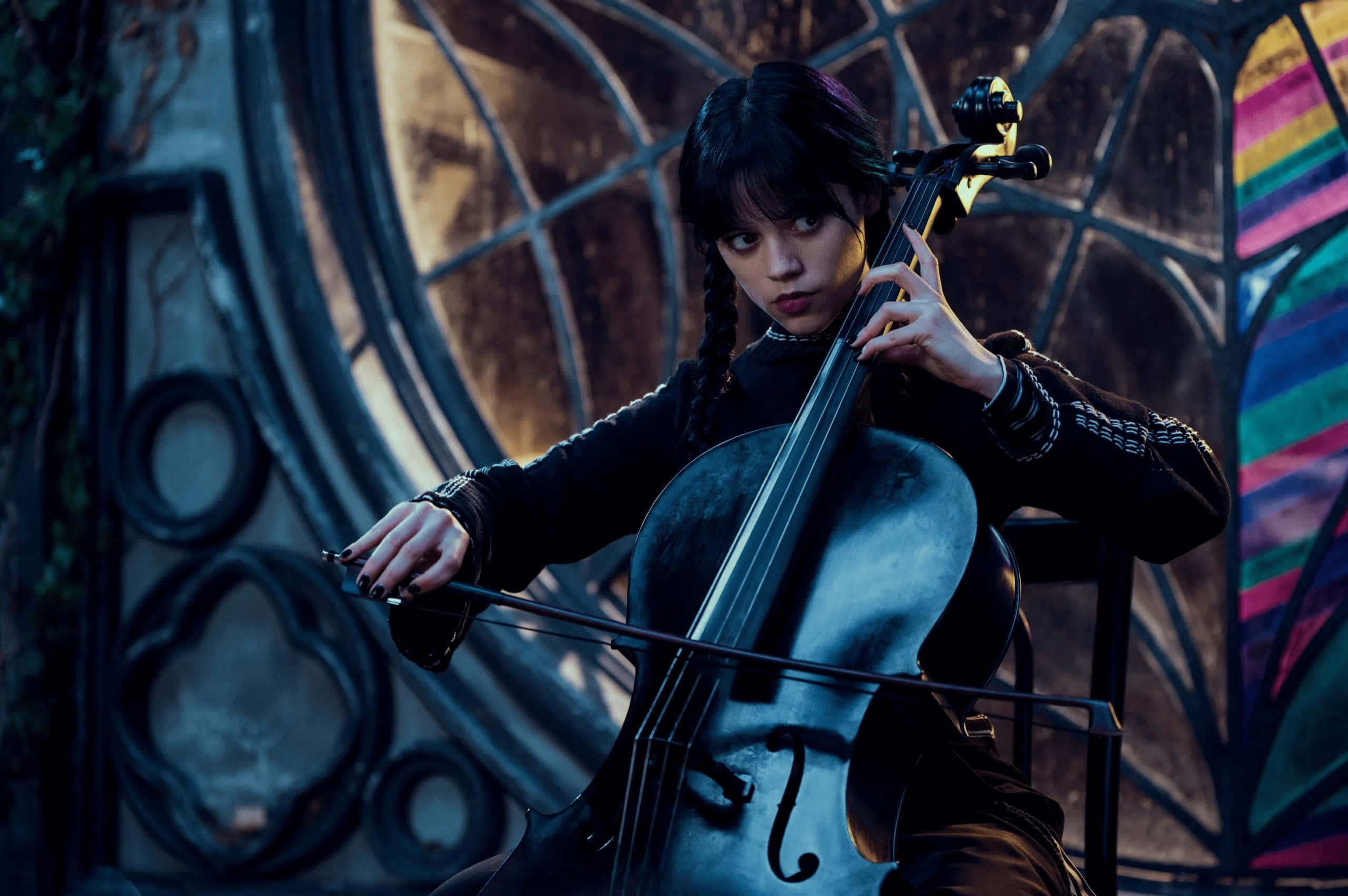 Wednesday Addams, cello, stained glass windows, 2K Desktop Wallpaper