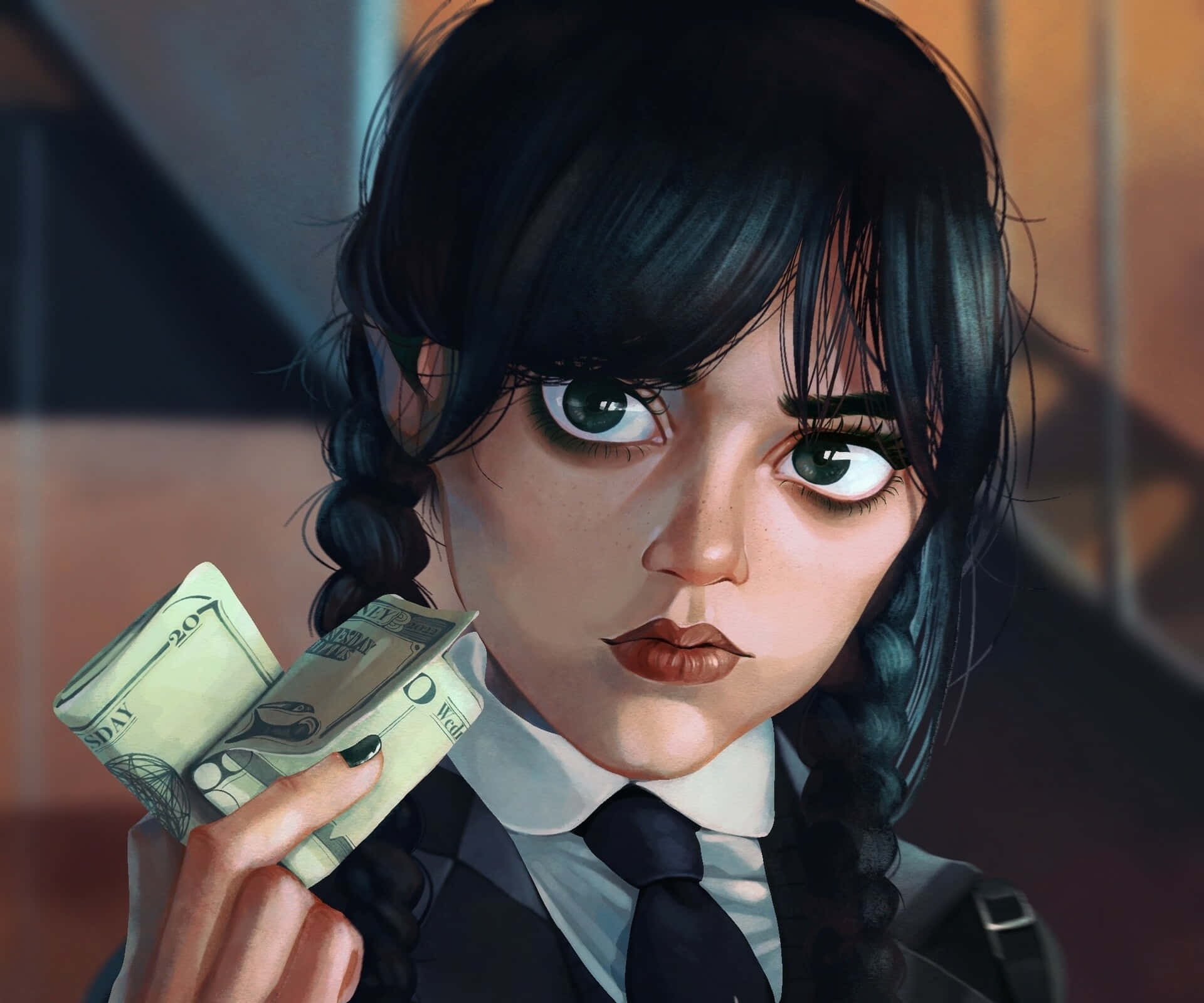 Wednesday Addams, dark braids, wide eyes, Full HD Desktop Wallpaper