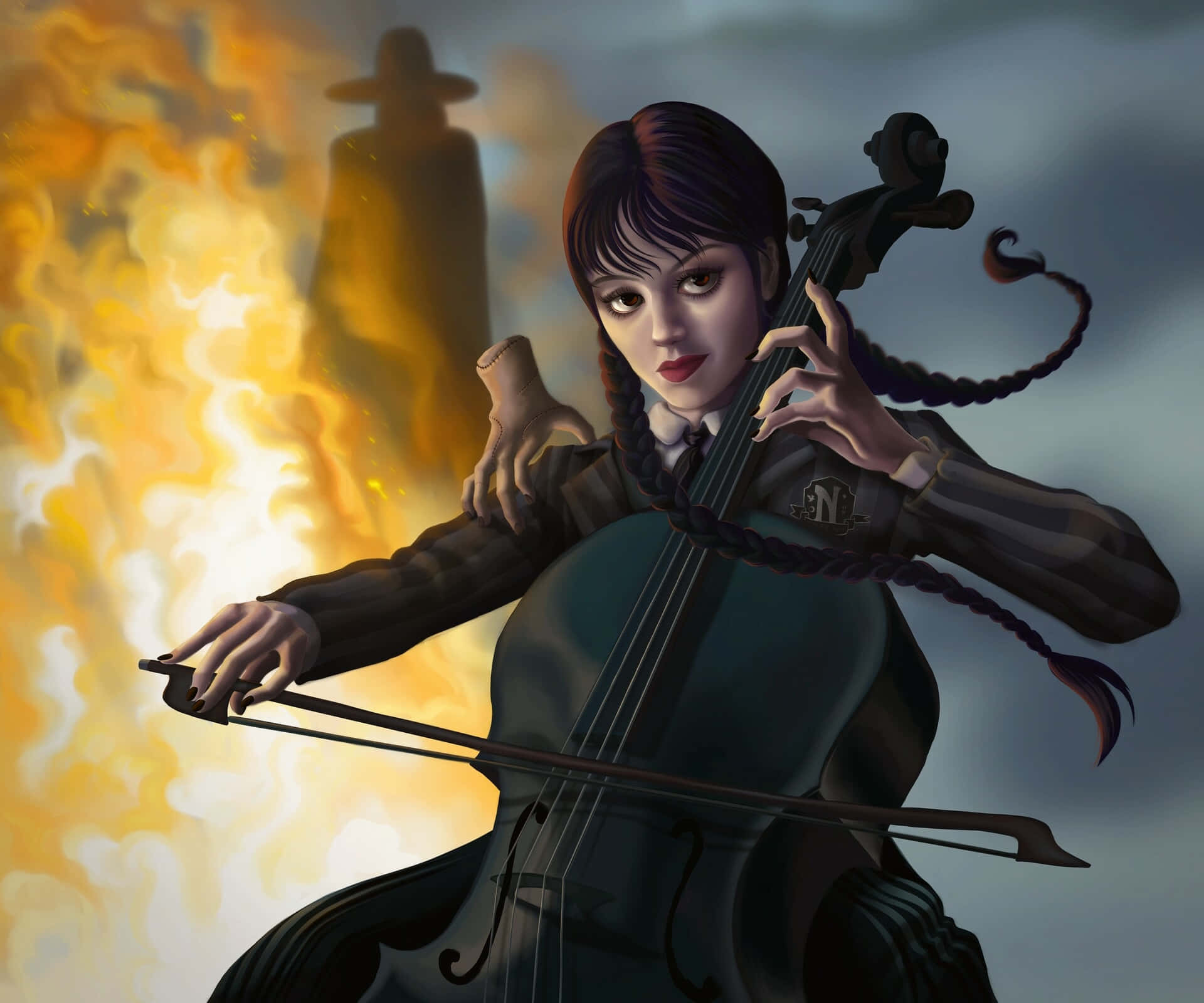 Wednesday Addams, cello, fire, Full HD Desktop Wallpaper