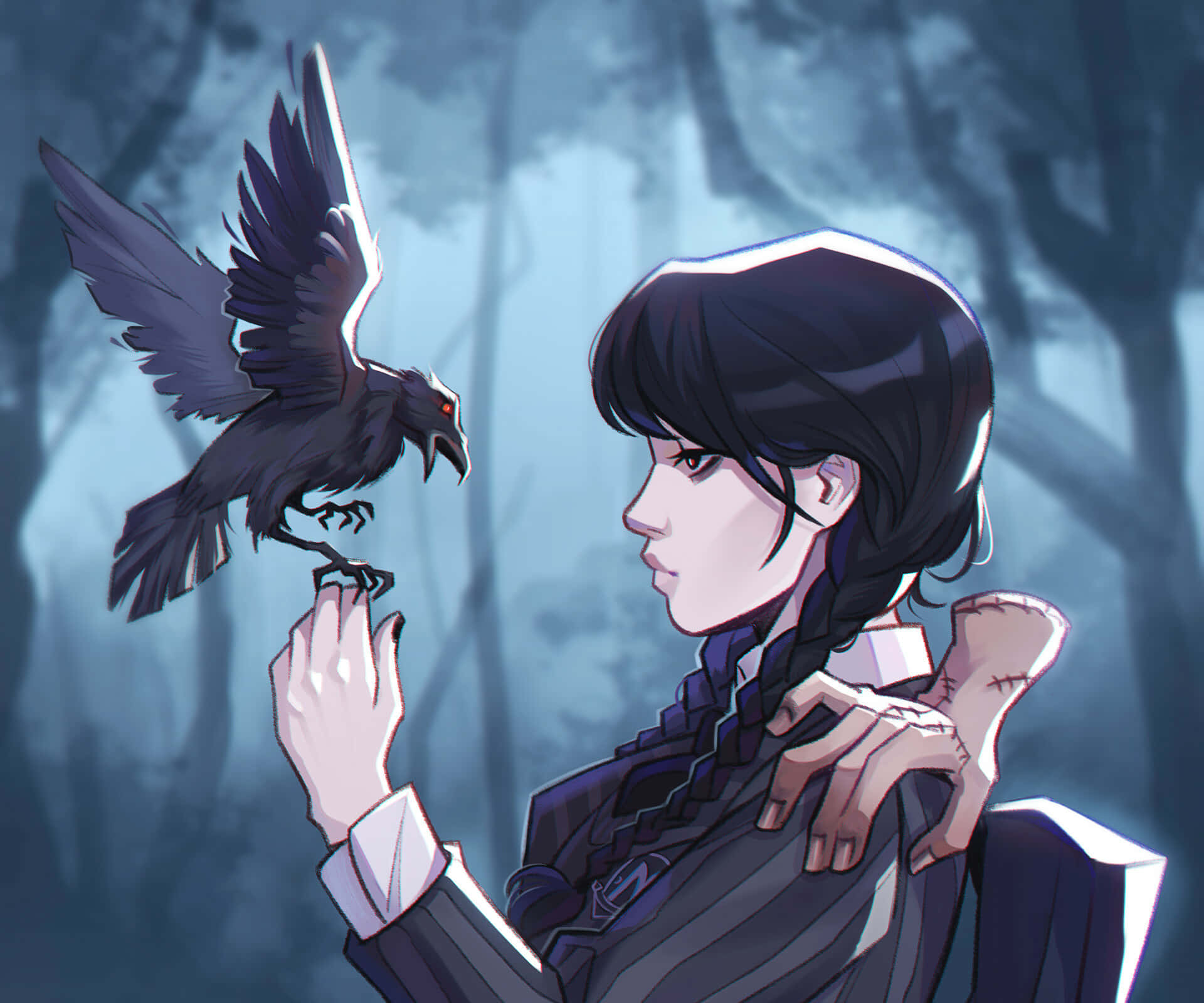 Wednesday Addams, raven, misty forest, Full HD Desktop Wallpaper