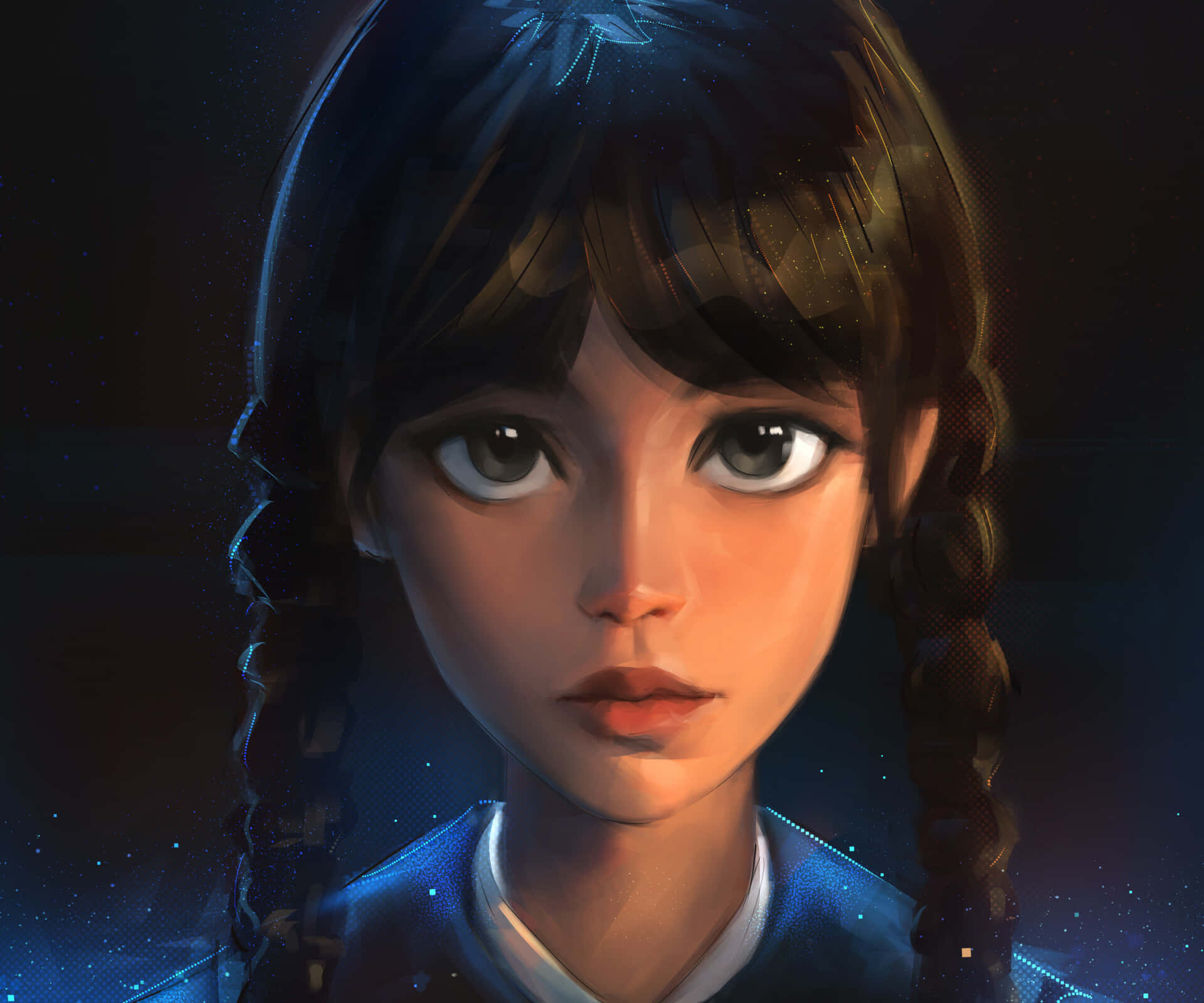 Wednesday Addams, starry cosmic backdrop, glowing blue particles, Full HD Desktop Wallpaper