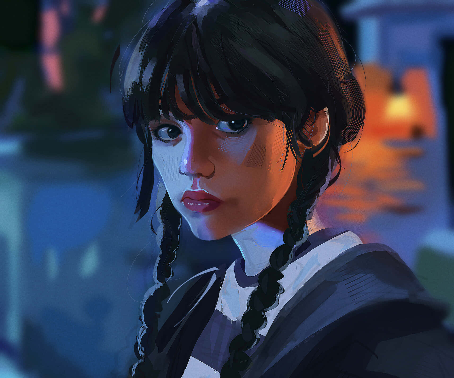 Wednesday Addams, dark braids, neon-lit urban night backdrop, Full HD Desktop Wallpaper