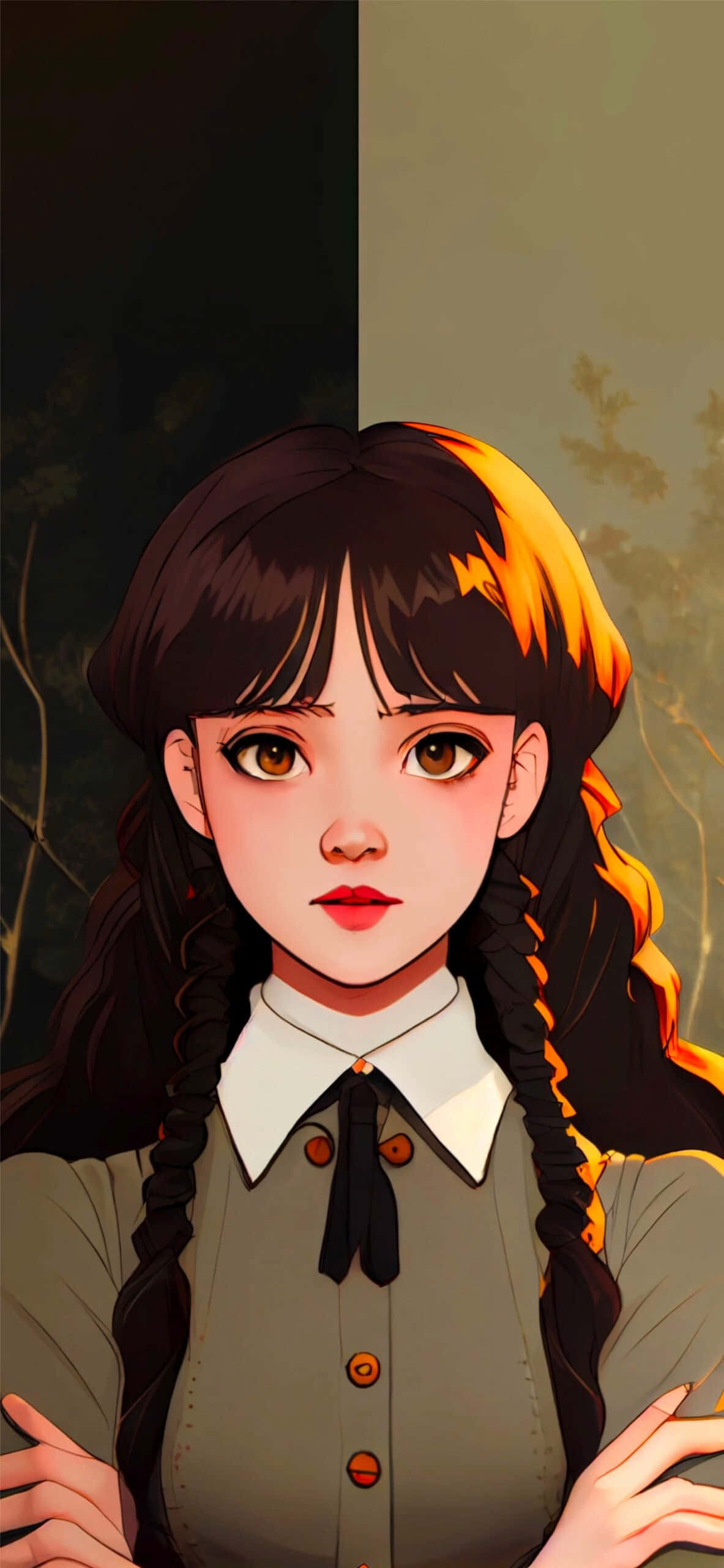Wednesday Addams, braided hair, collared shirt, 2K Phone Wallpaper