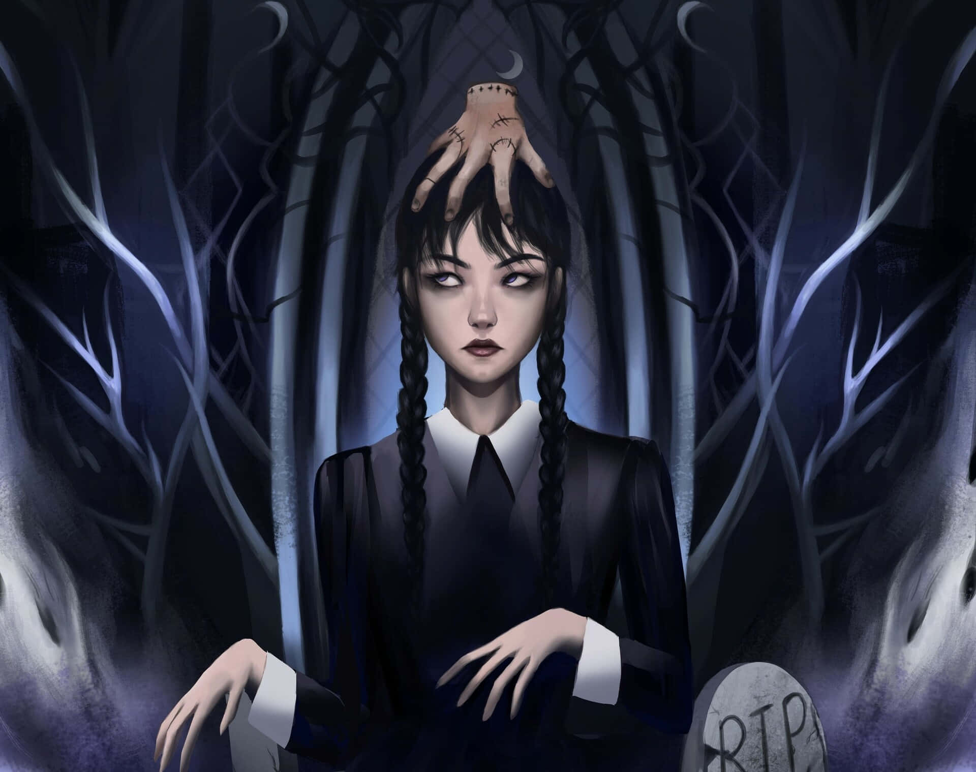 Wednesday Addams, gothic, braided hair, Full HD Desktop Wallpaper