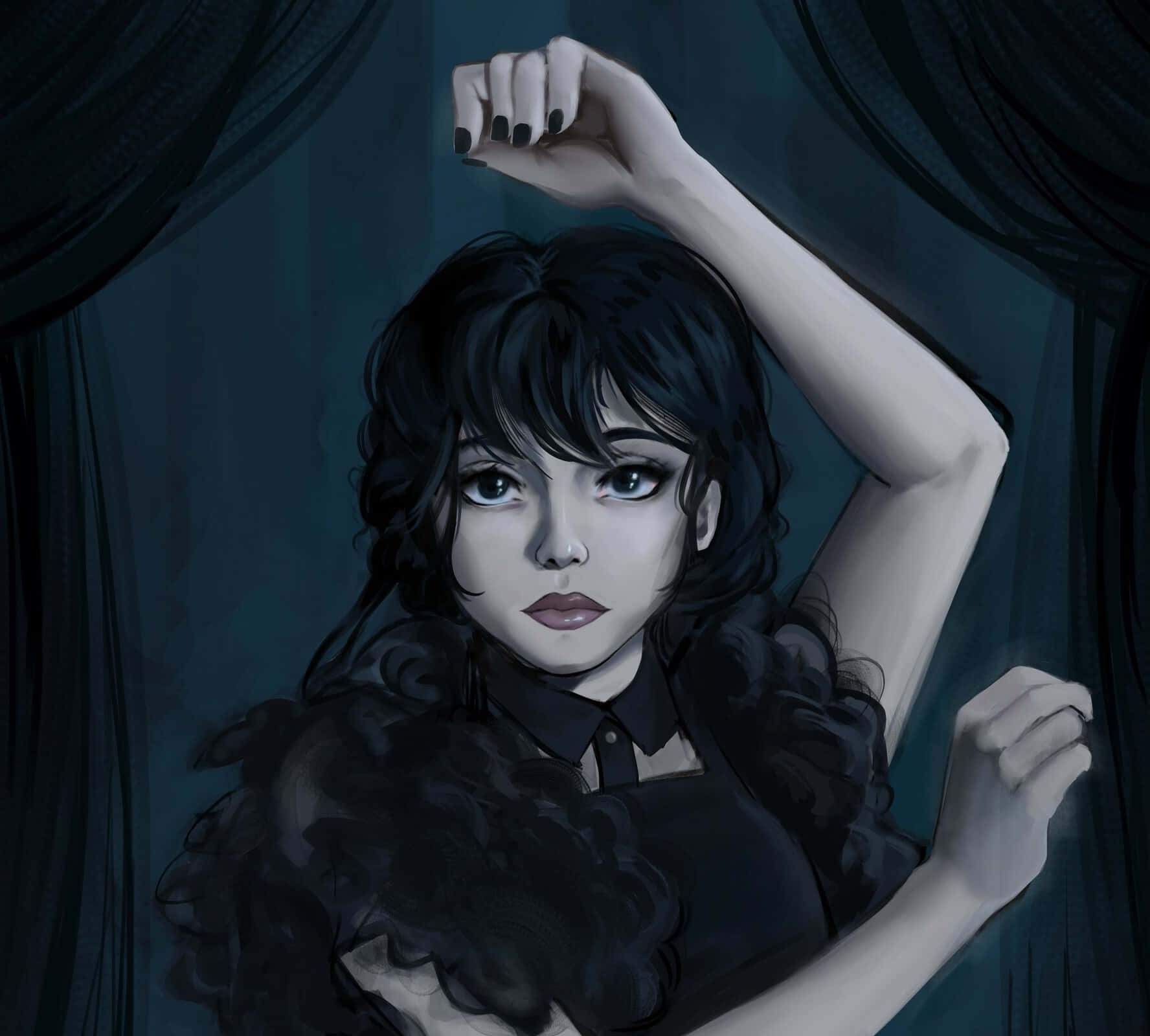 Wednesday Addams, gothic anime girl, dark hair, HD Desktop Wallpaper