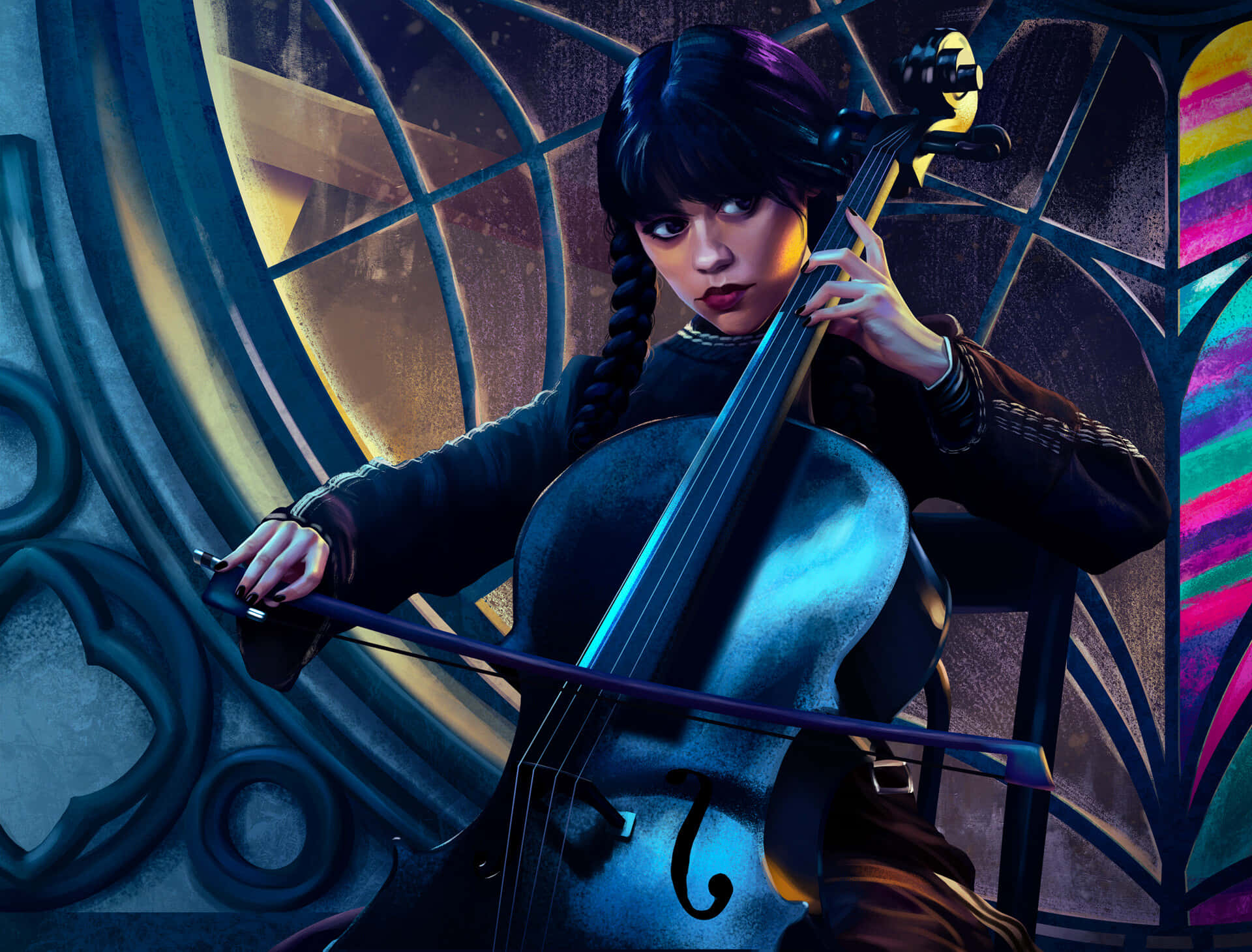 Wednesday Addams, cello, stained glass windows, Full HD Desktop Wallpaper
