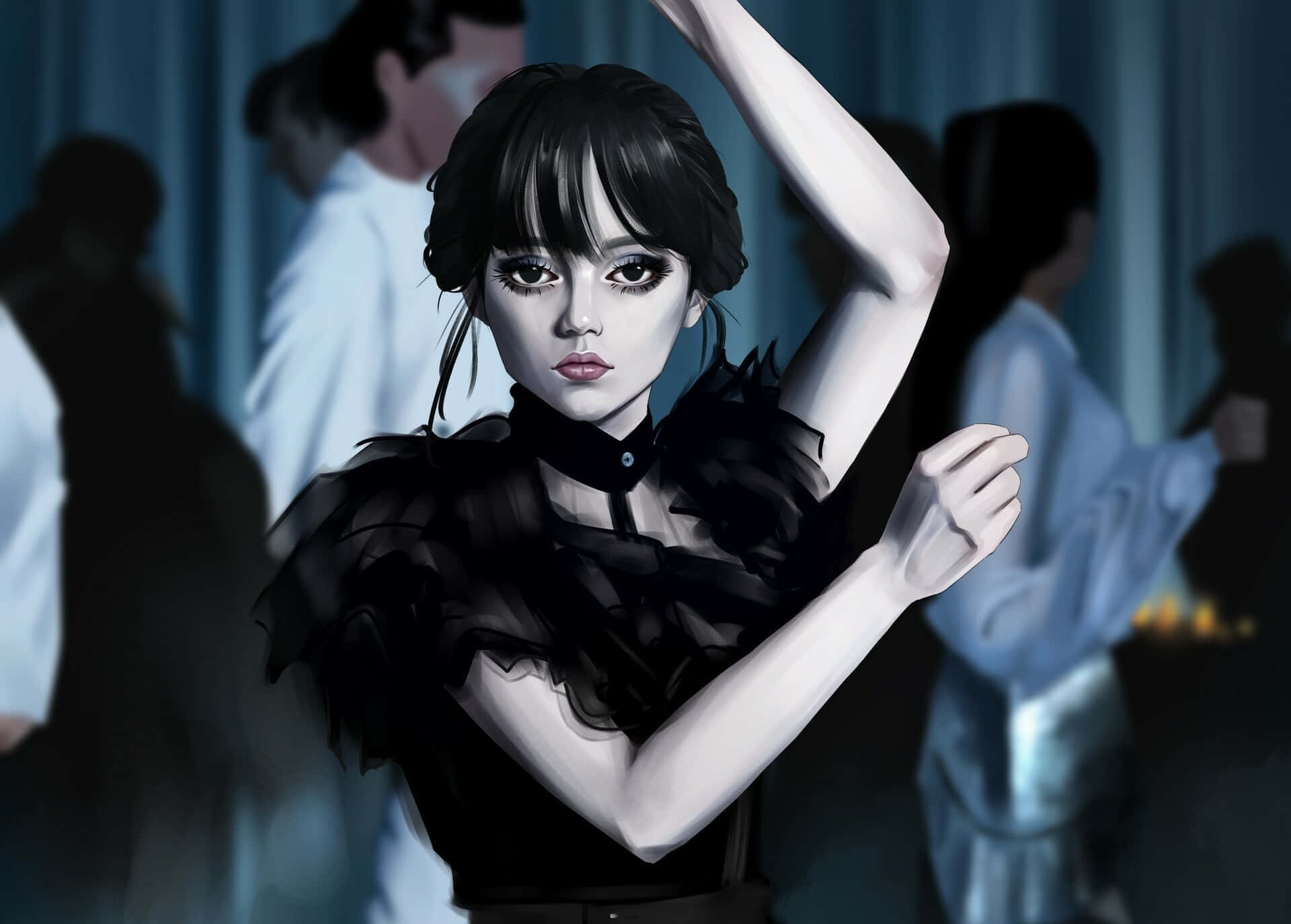 Wednesday Addams, dance scene, black ruffled dress, Full HD Desktop Wallpaper